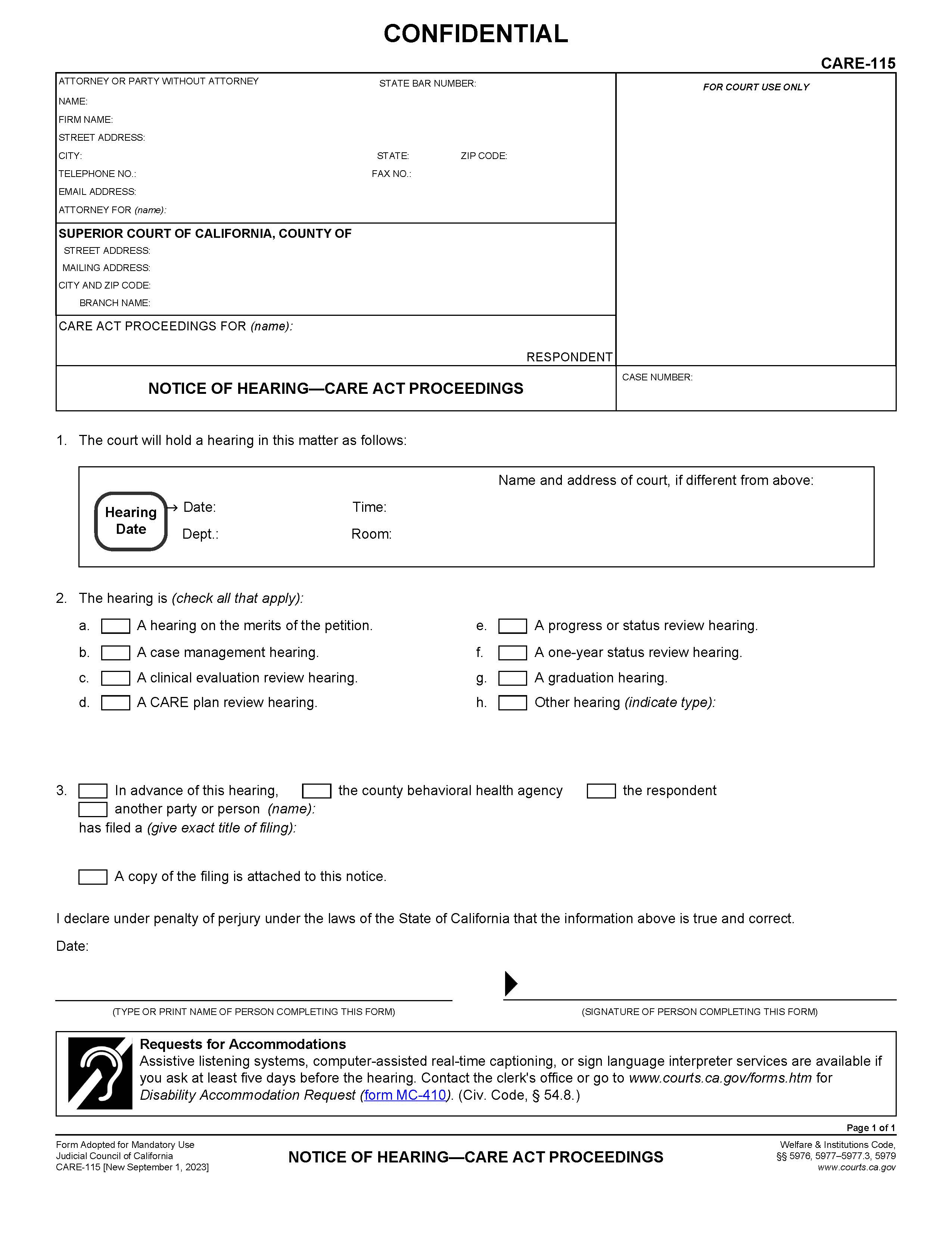 Notice Of Hearing-Care Act Proceedings {CARE-115} | Pdf Fpdf Docx | California
