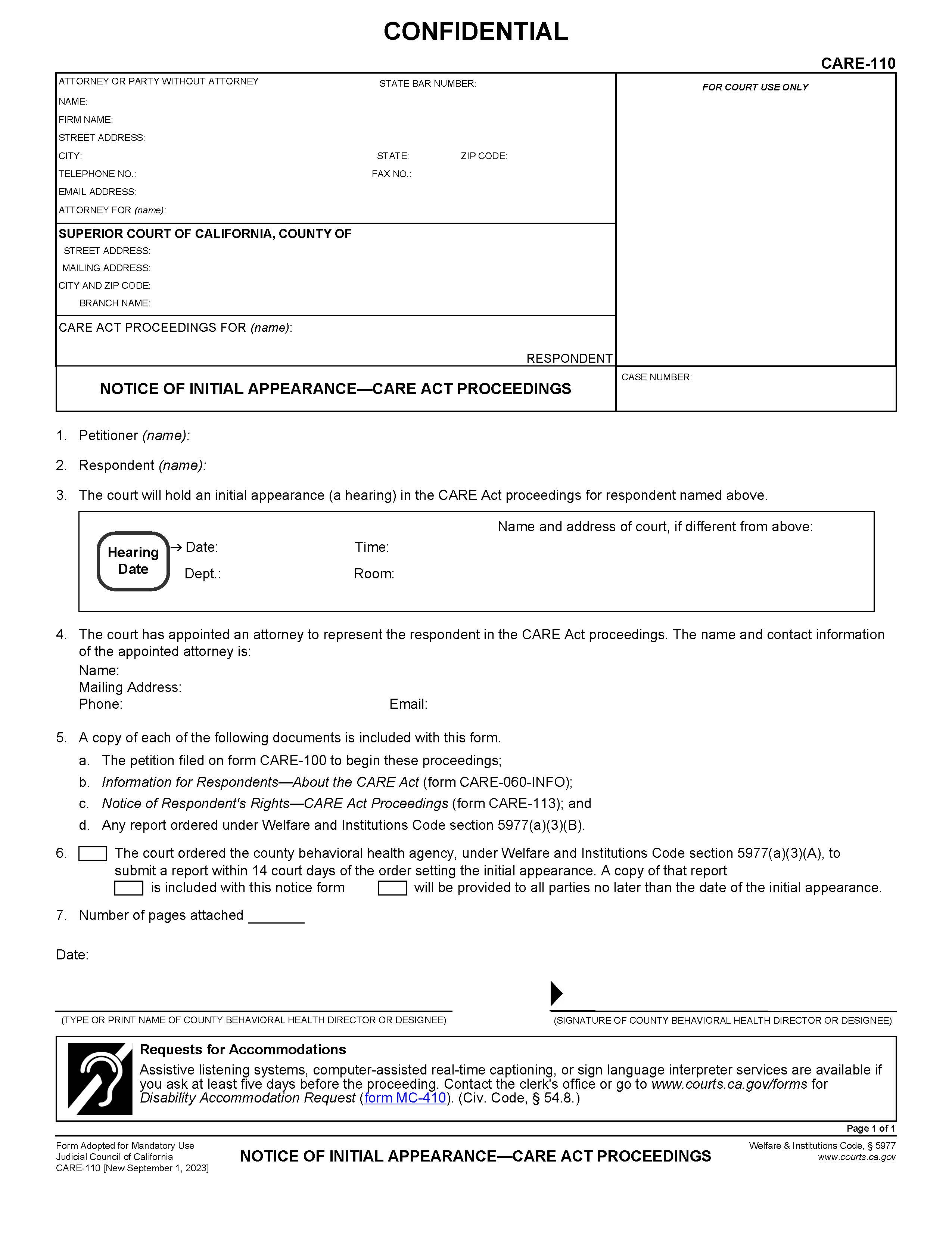 Notice Of Initial Appearance-CARE Act Proceedings {CARE-110} | Pdf Fpdf Docx | California