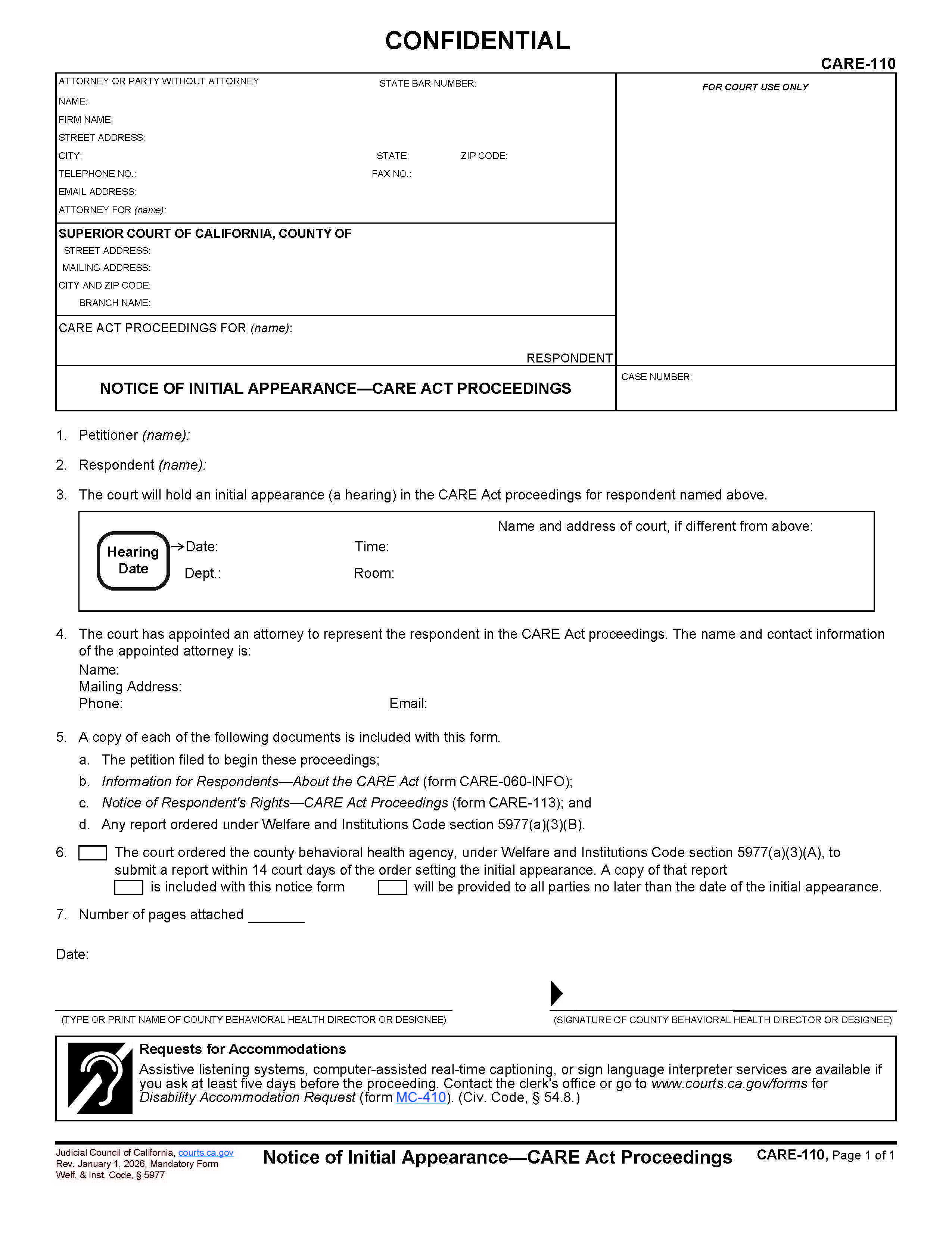 Notice Of Initial Appearance-CARE Act Proceedings {CARE-110} | Pdf Fpdf Docx | California
