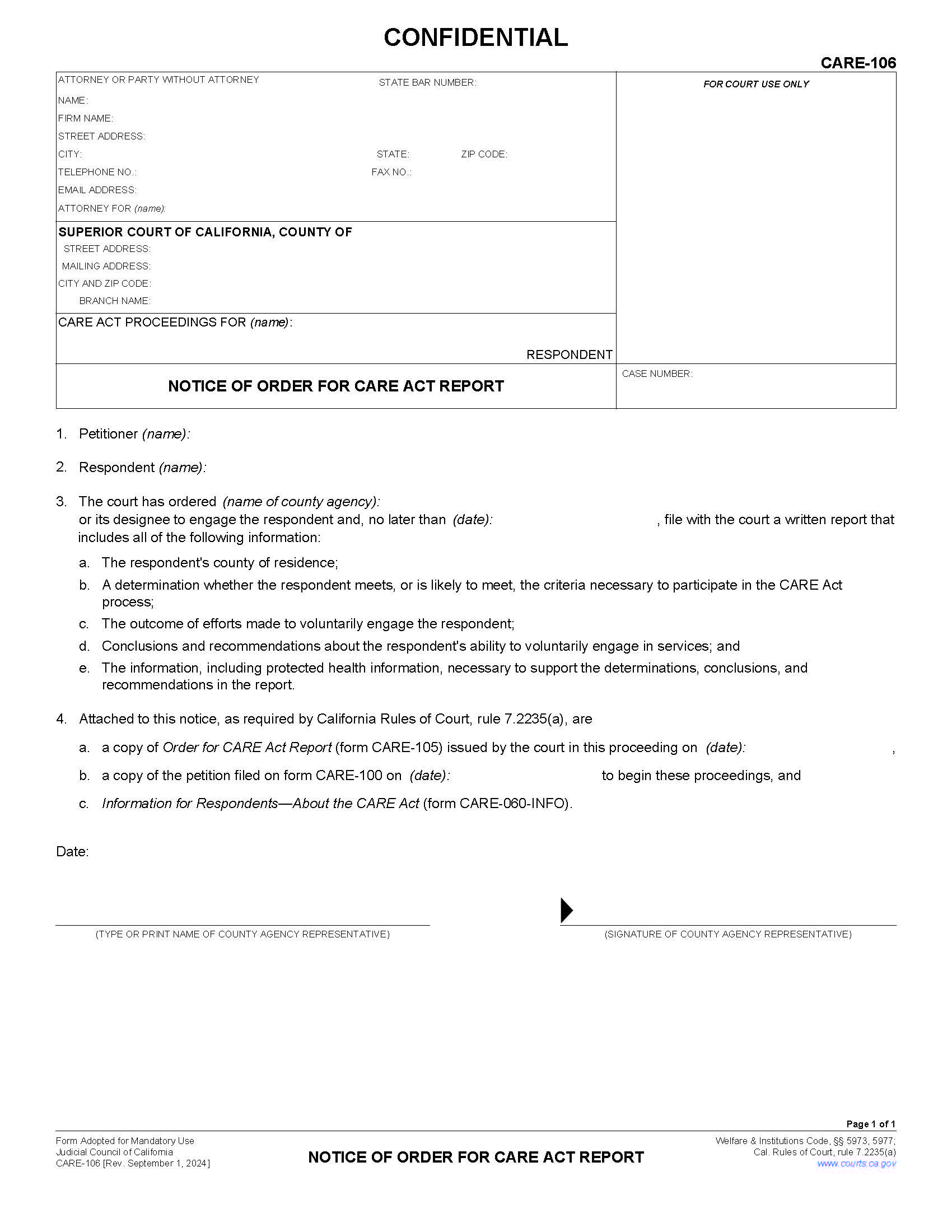 Notice Of Order For CARE Act Report {CARE-106} | Pdf Fpdf Docx | California