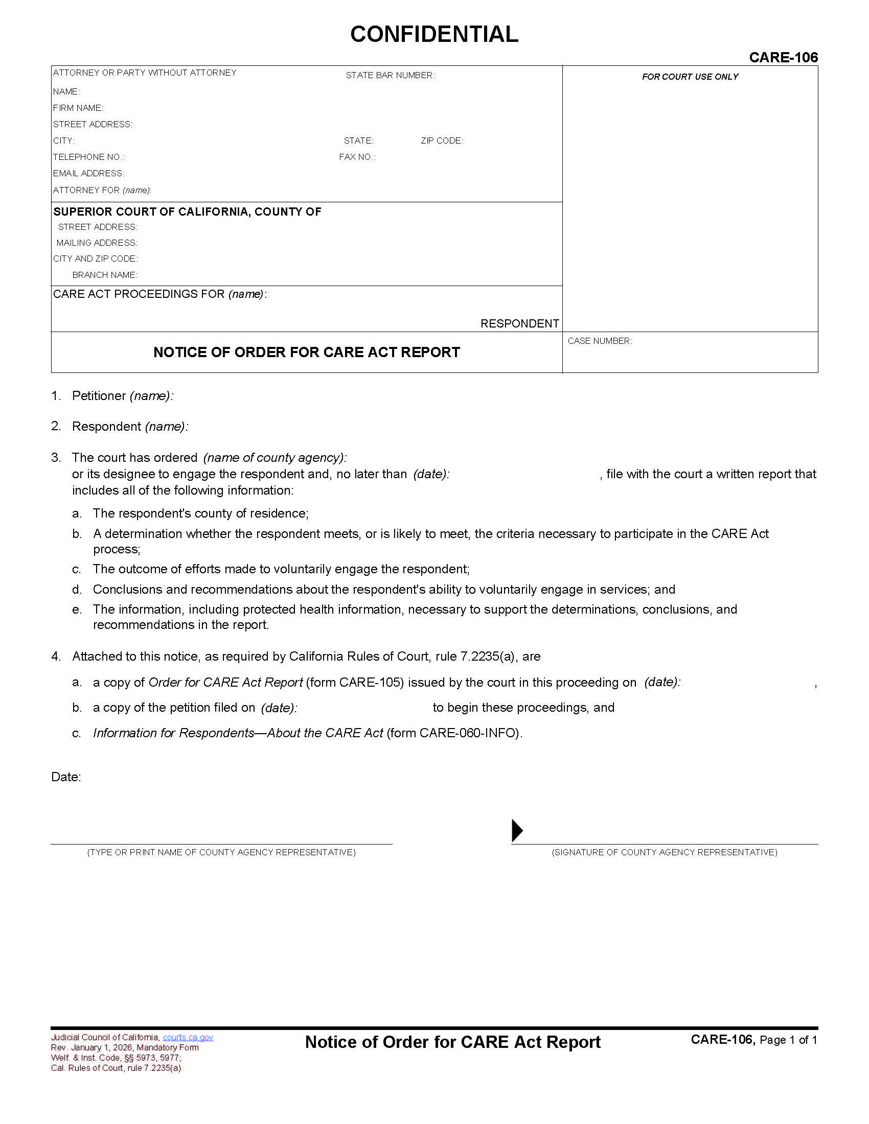 Notice Of Order For CARE Act Report {CARE-106} | Pdf Fpdf Docx | California