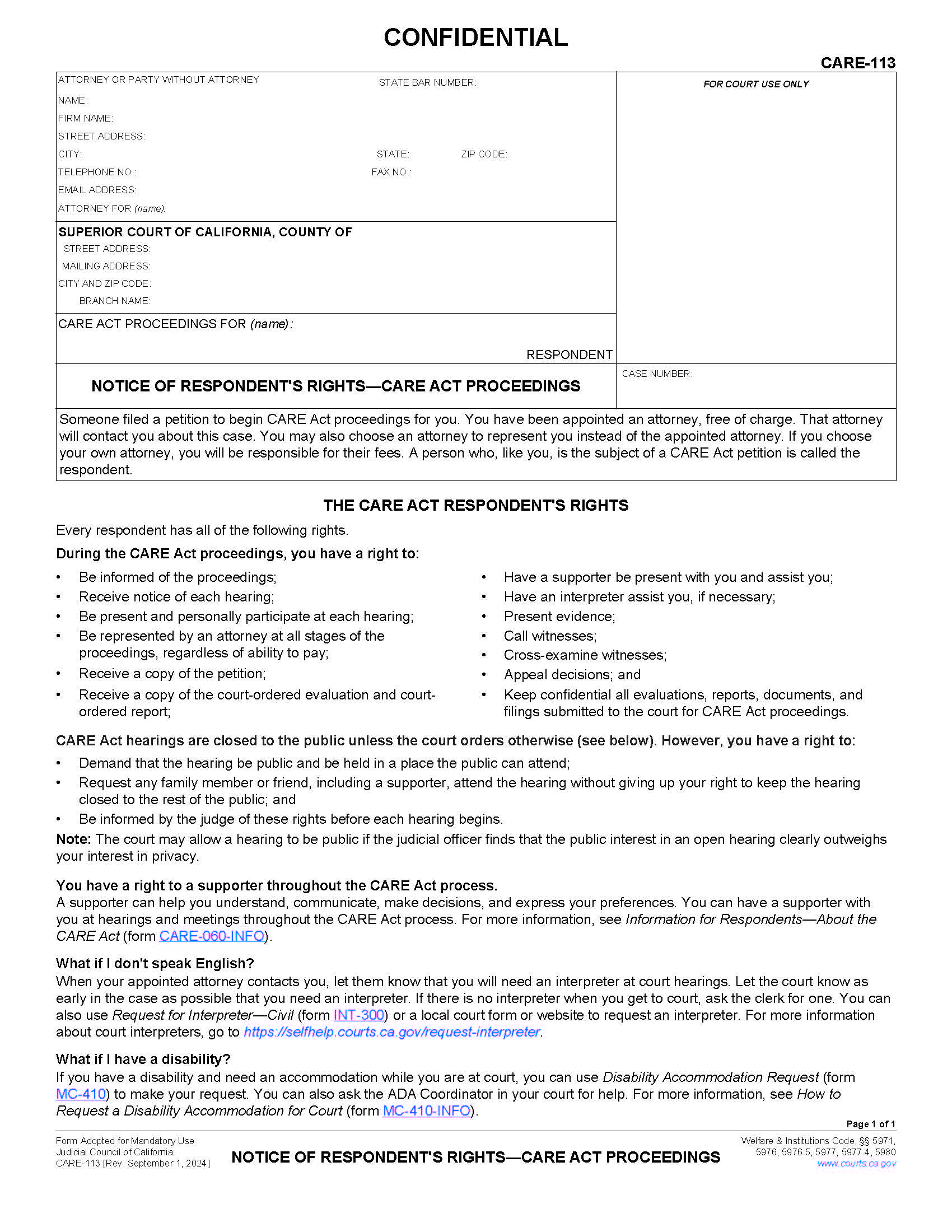 Notice Of Respondents Rights-CARE Act Proceedings {CARE-113} | Pdf Fpdf Docx | California