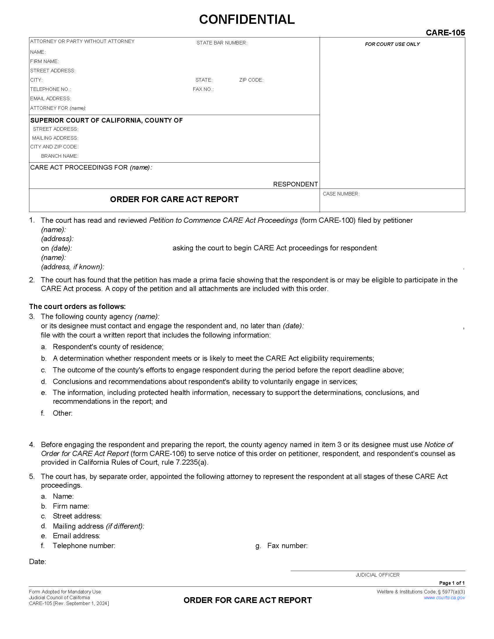 Order For CARE Act Report {CARE-105} | Pdf Fpdf Docx | California