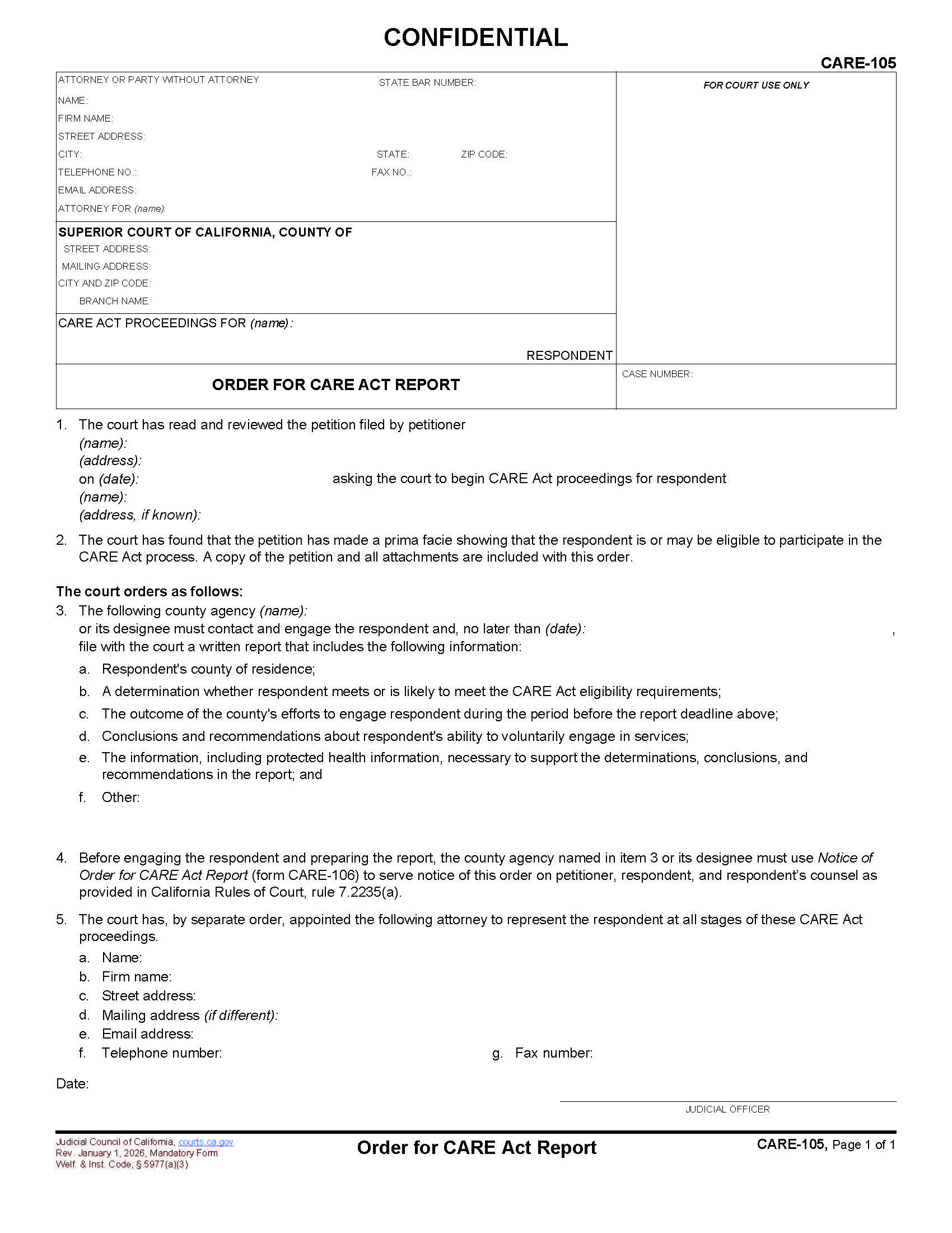 Order For CARE Act Report {CARE-105} | Pdf Fpdf Docx | California