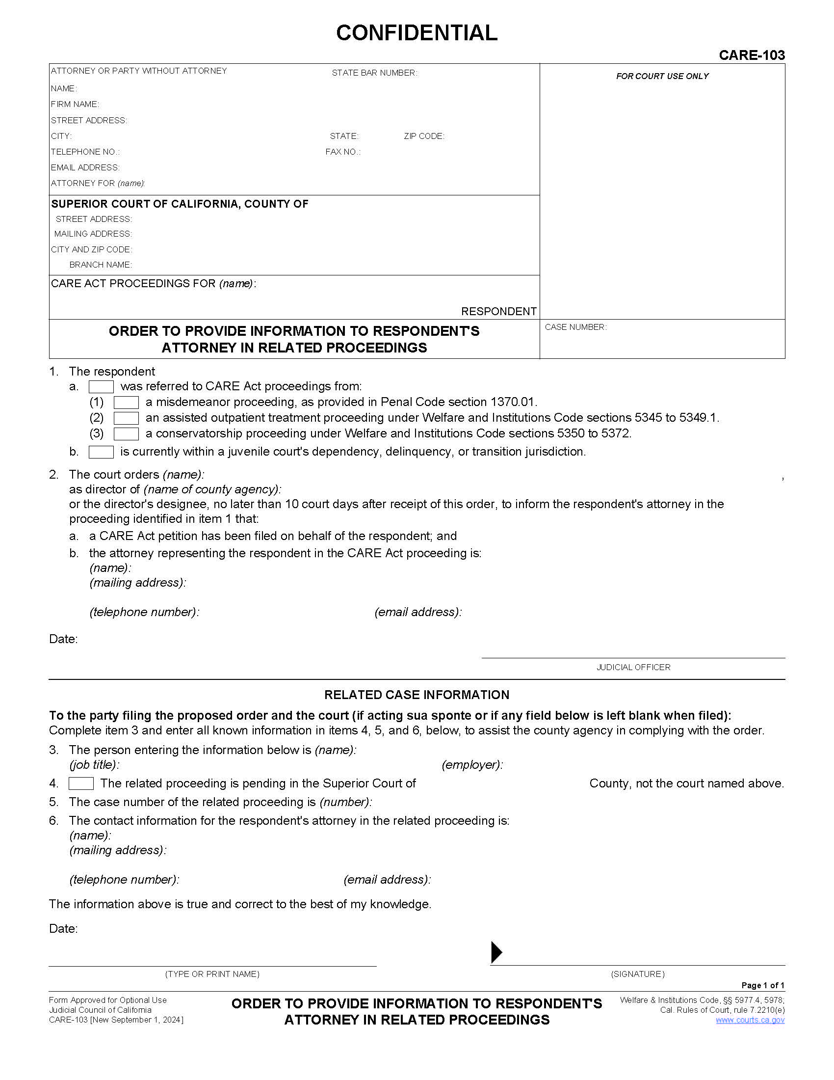 Order To Provide Information To Respondents Attorney In Related Proceedings {CARE-103} | Pdf Fpdf Docx | California