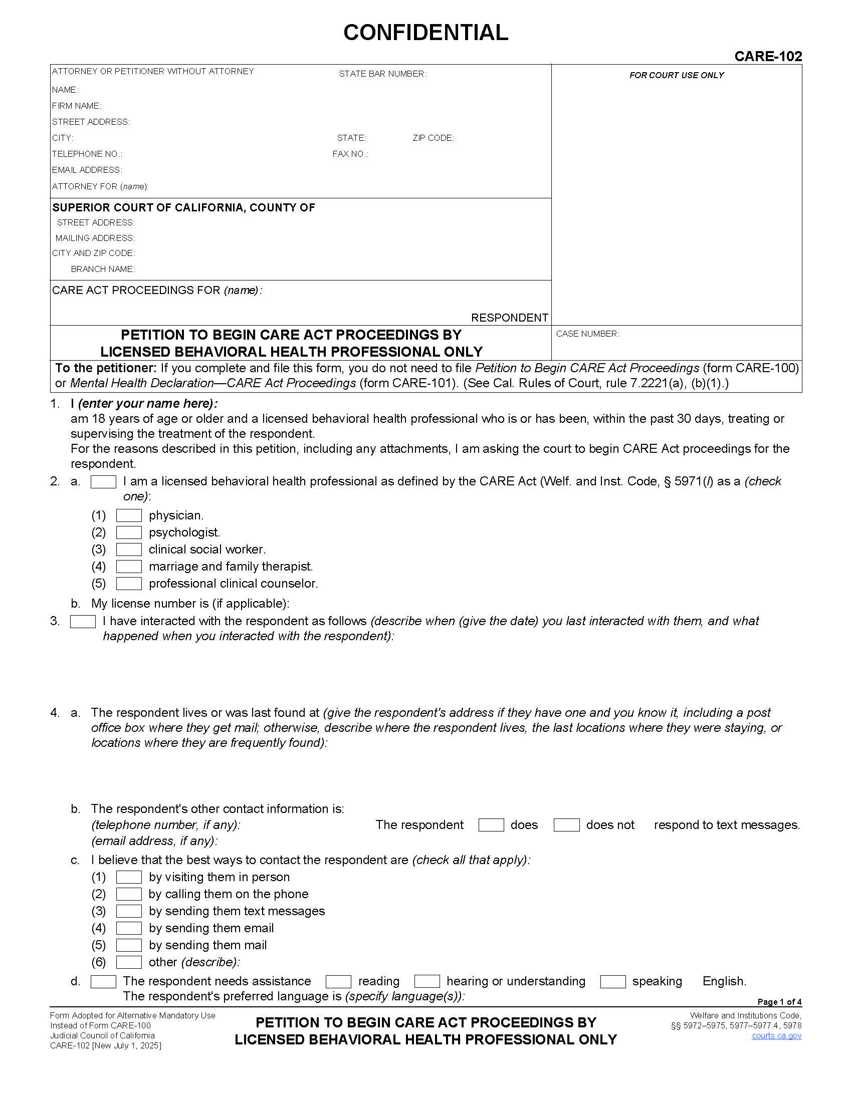 Petition To Begin Care Act Proceedings By Licensed Behavioral Health Professionals Only {CARE-102} | Pdf Fpdf Docx | California