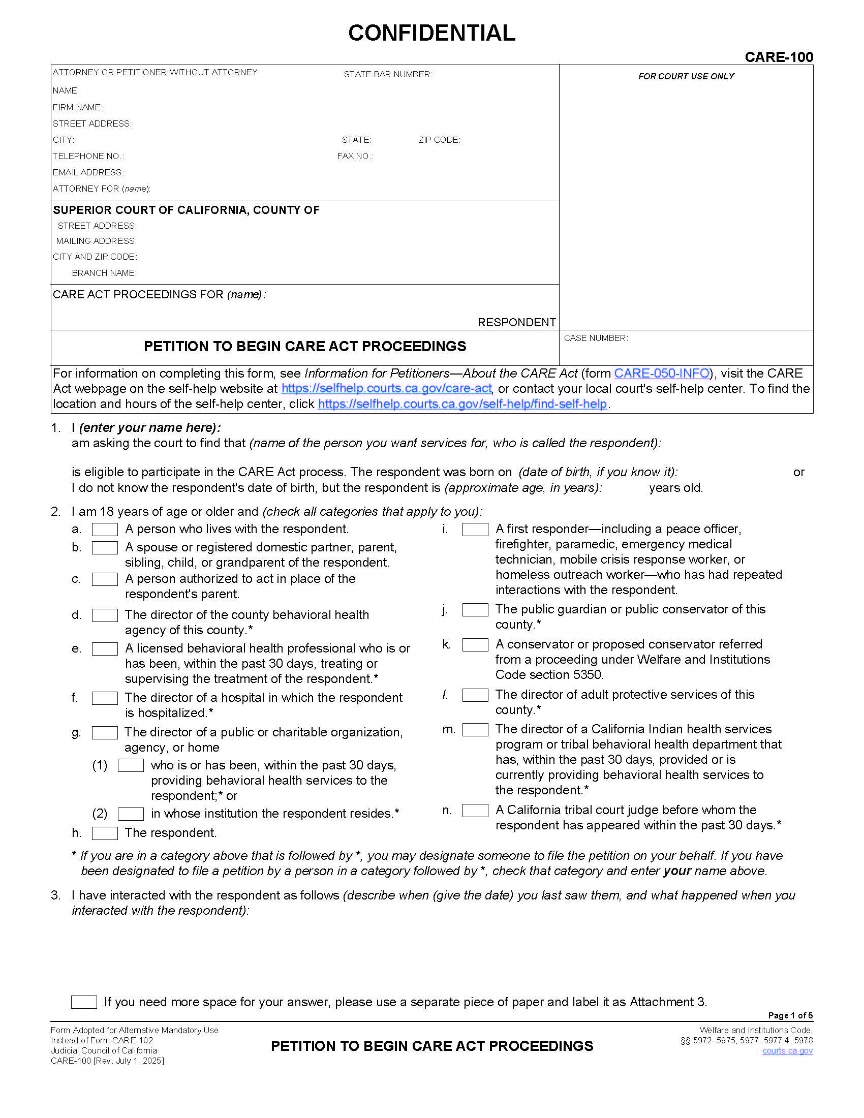 Petition To Commence CARE Act Proceedings {CARE-100} | Pdf Fpdf Docx | California
