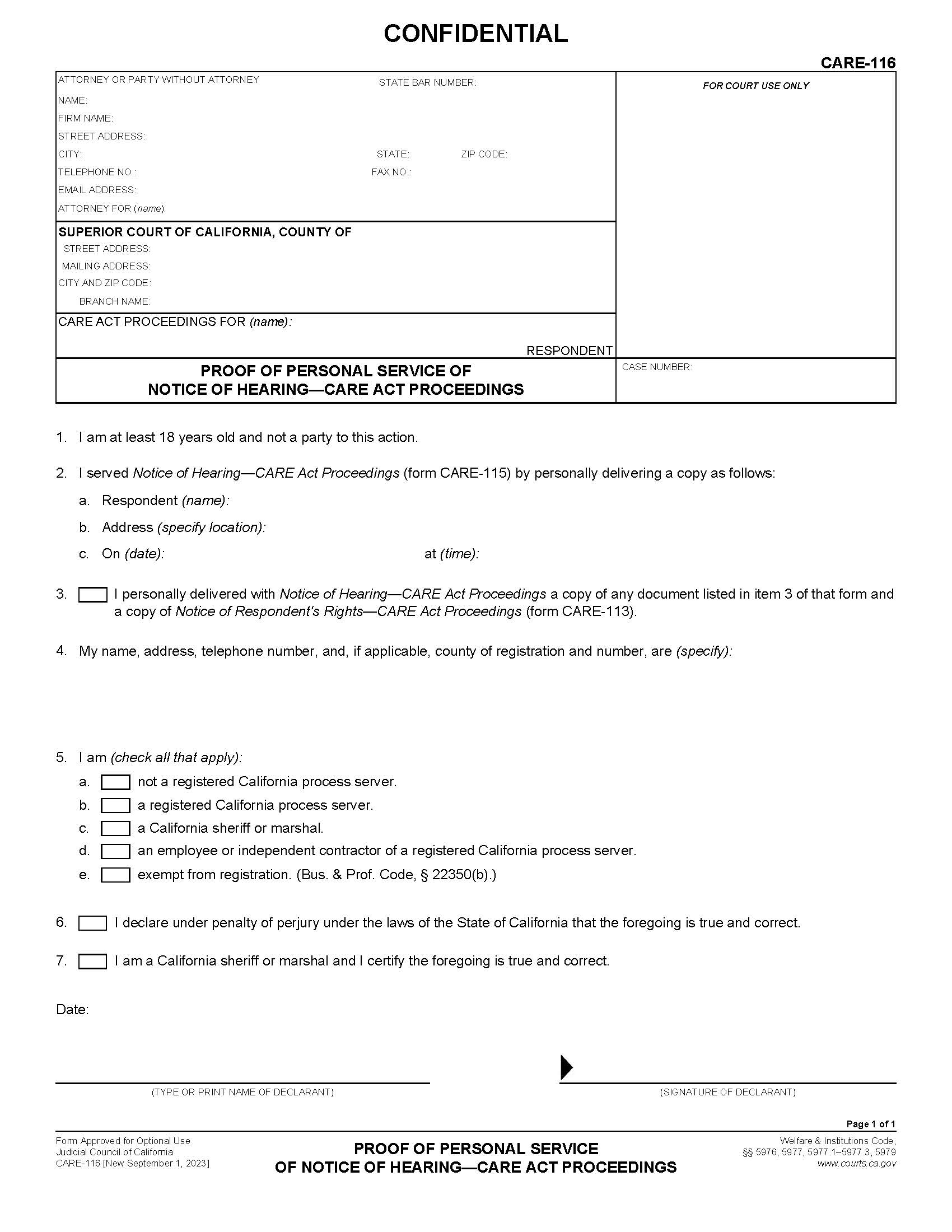 Proof Of Personal Service Of Notice Of Hearing-CARE Act Proceedings {CARE-116} | Pdf Fpdf Docx | California