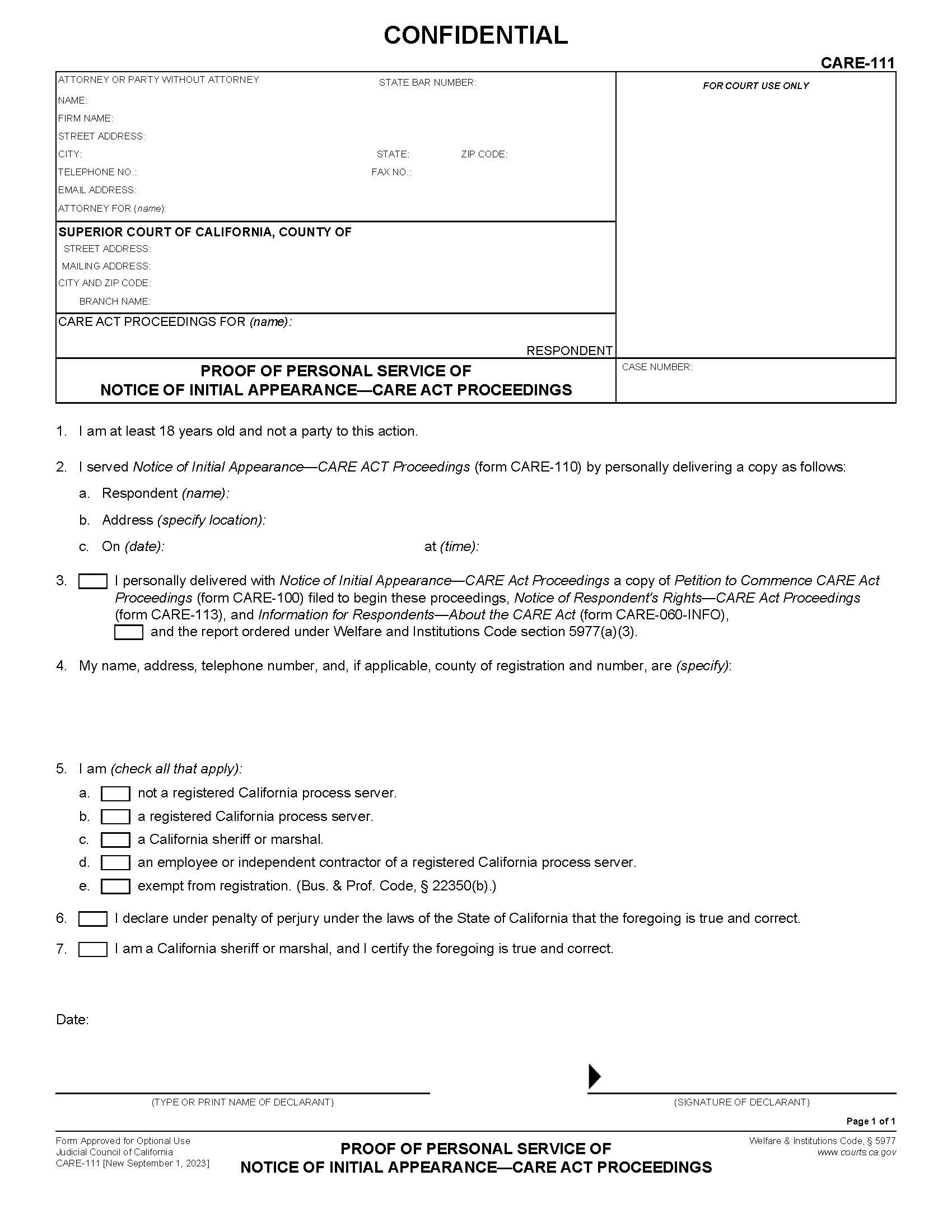 Proof Of Personal Service Of Notice Of Initial Appearance-CARE Act Proceedings {CARE-111} | Pdf Fpdf Docx | California