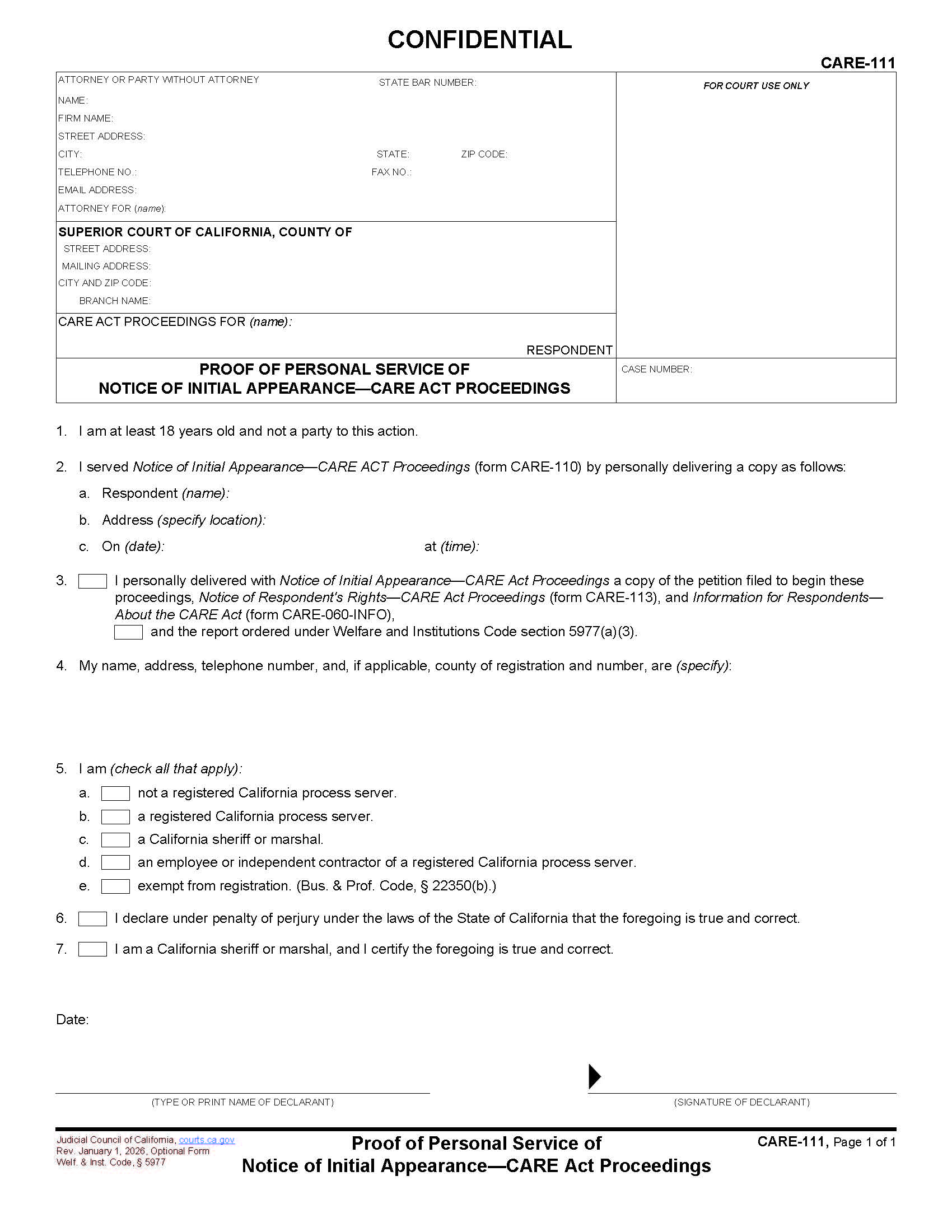 Proof Of Personal Service Of Notice Of Initial Appearance-CARE Act Proceedings {CARE-111} | Pdf Fpdf Docx | California