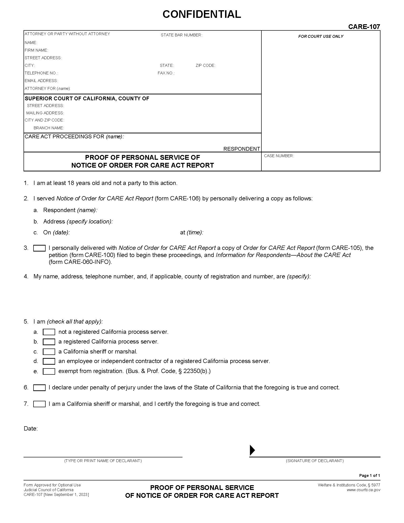 Proof Of Personal Service Of Notice Of Order For CARE Act Report {CARE-107} | Pdf Fpdf Docx | California