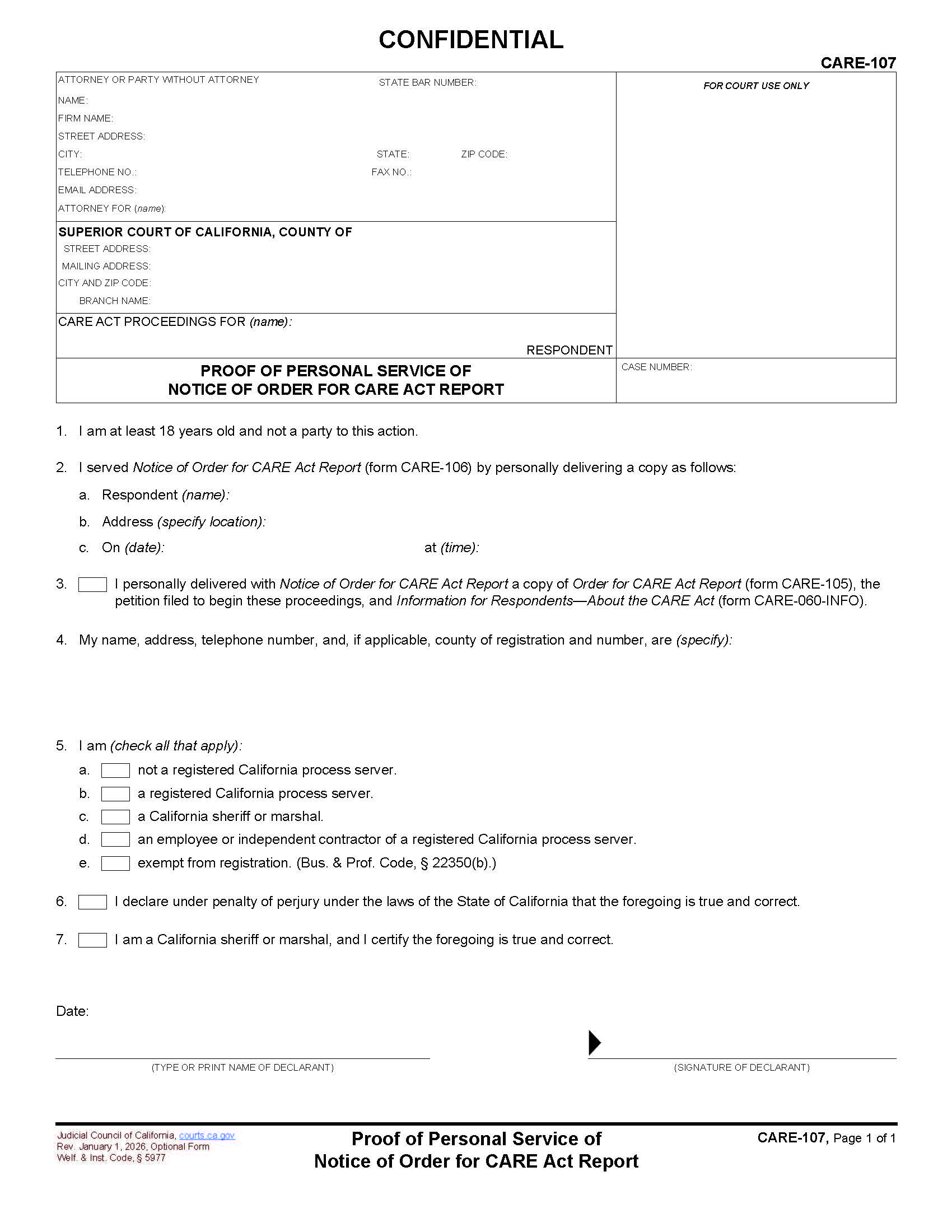 Proof Of Personal Service Of Notice Of Order For CARE Act Report {CARE-107} | Pdf Fpdf Docx | California