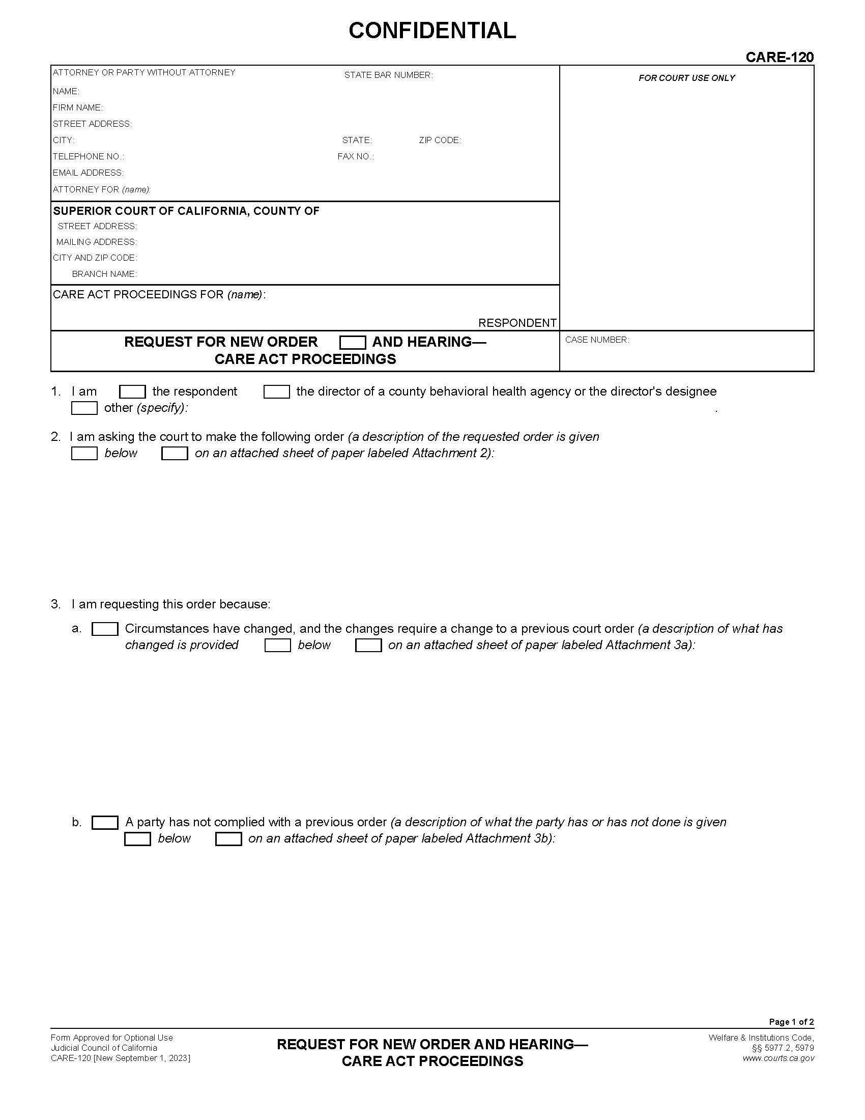 Request For New Order And Hearing-CARE Act Proceeding {CARE-120} | Pdf Fpdf Docx | California