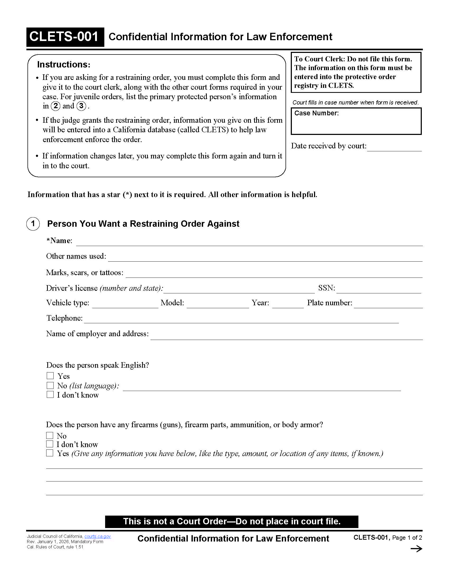 Confidential Information For Law Enforcement {CLETS-001} | Pdf Fpdf Docx | California