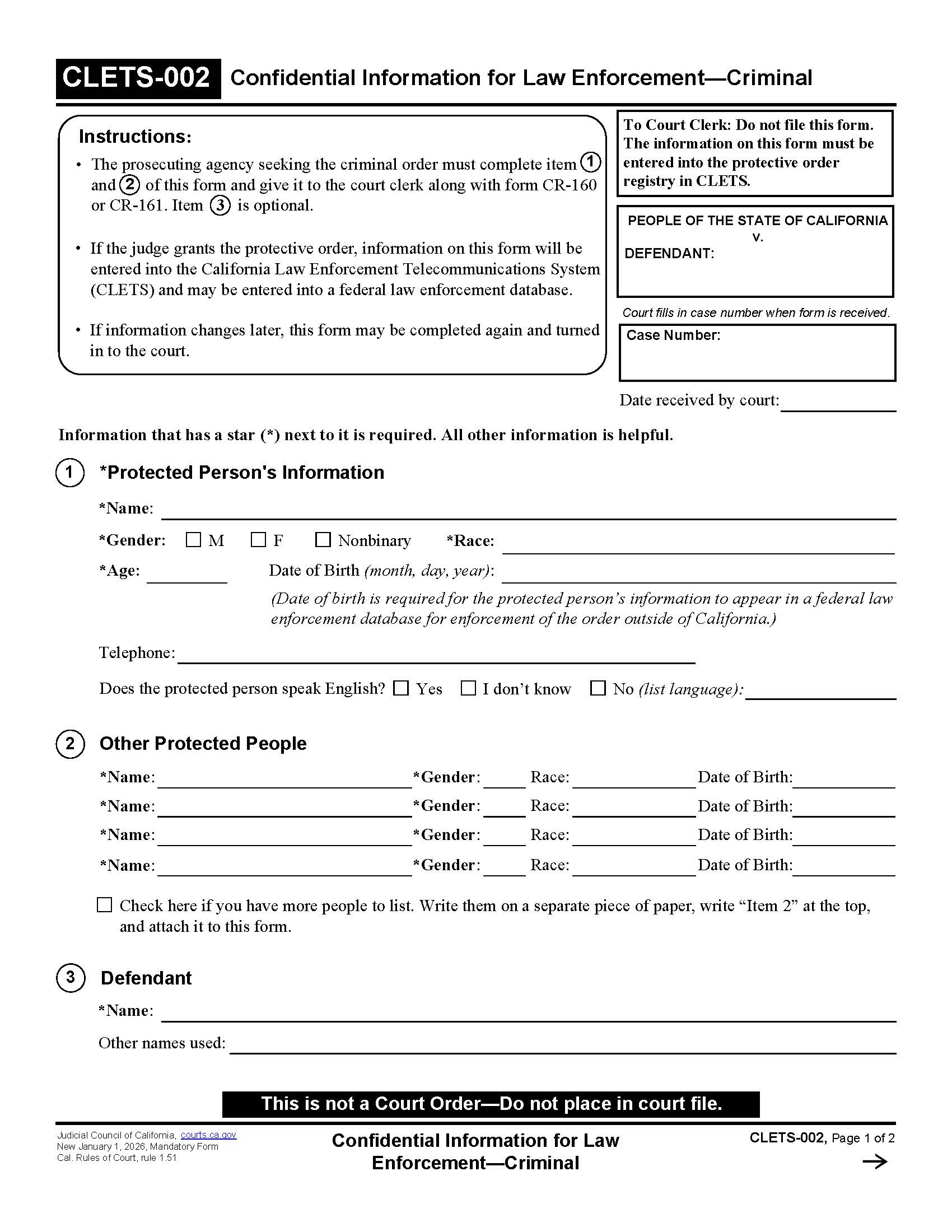 Confidential Information For Law Enforcement-Criminal {CLETS-002} | Pdf Fpdf Docx | California