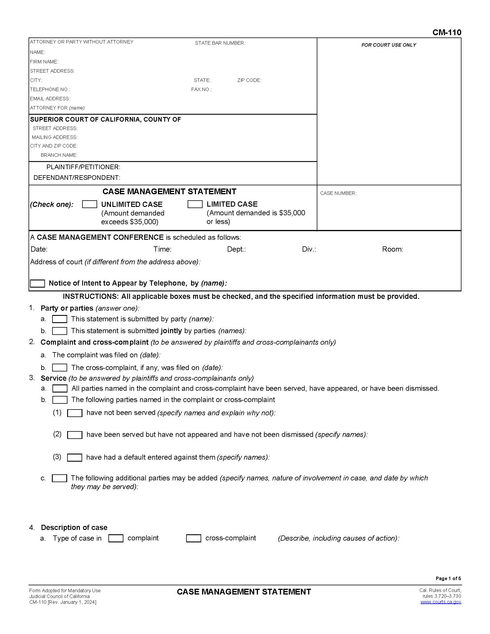 Case Management Statement {CM-110} | Pdf Fpdf Doc Docx | California