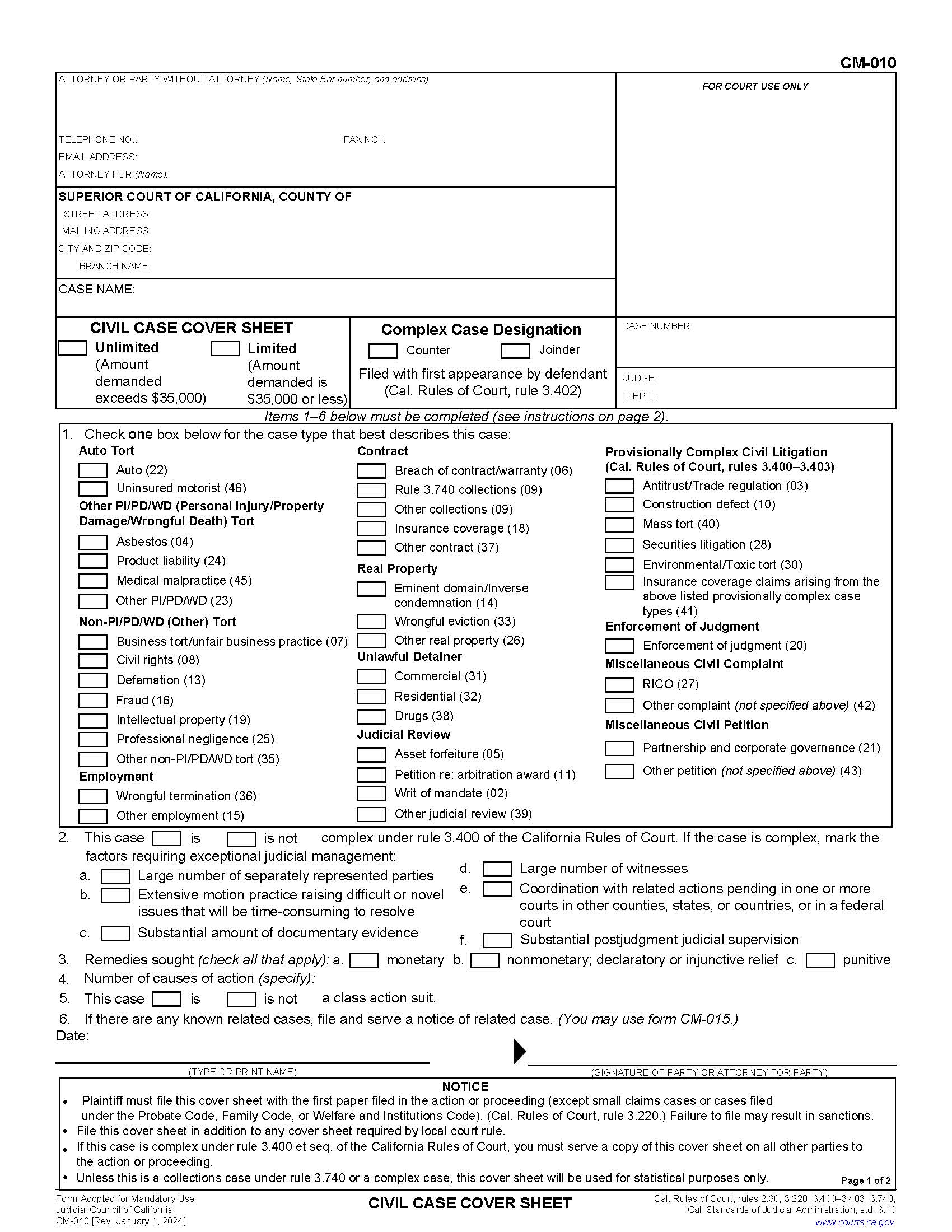 Civil Case Cover Sheet {CM-010} | Pdf Fpdf Doc Docx | California