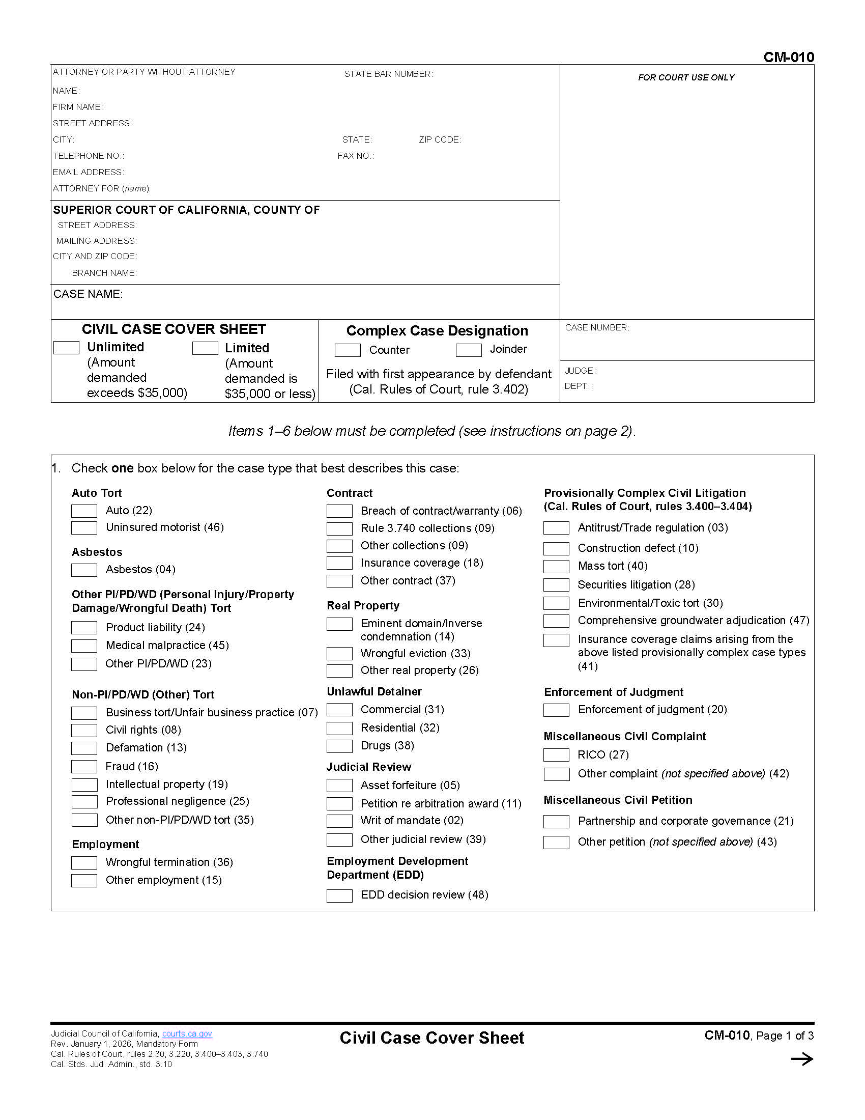 Civil Case Cover Sheet {CM-010} | Pdf Fpdf Doc Docx | California