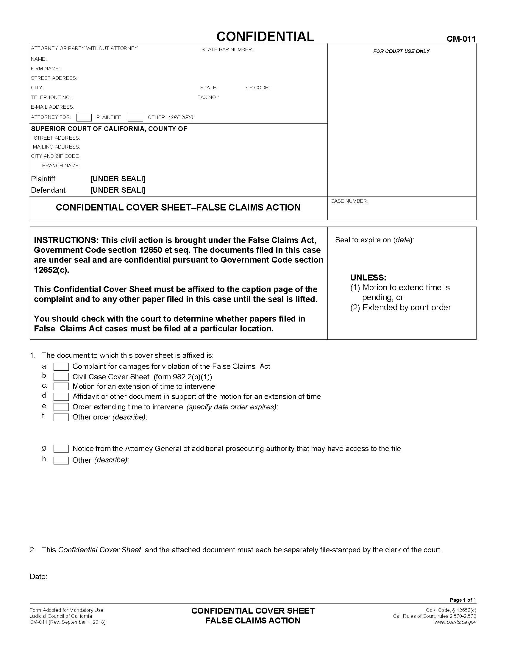 Confidential Cover Sheet False Claims Action {CM-011} | Pdf Fpdf Docx | California