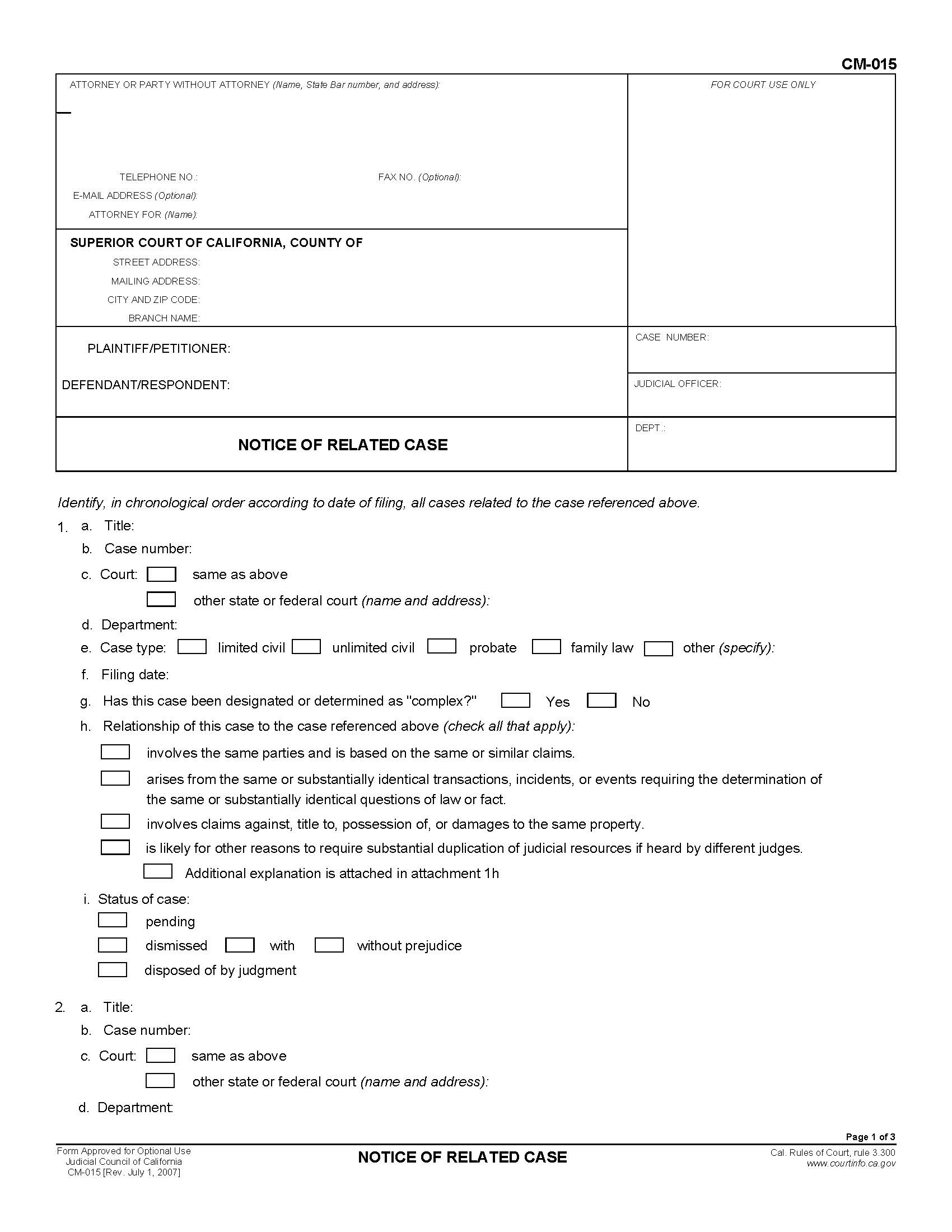 Notice Of Related Case {CM-015} | Pdf Fpdf Doc Docx | California