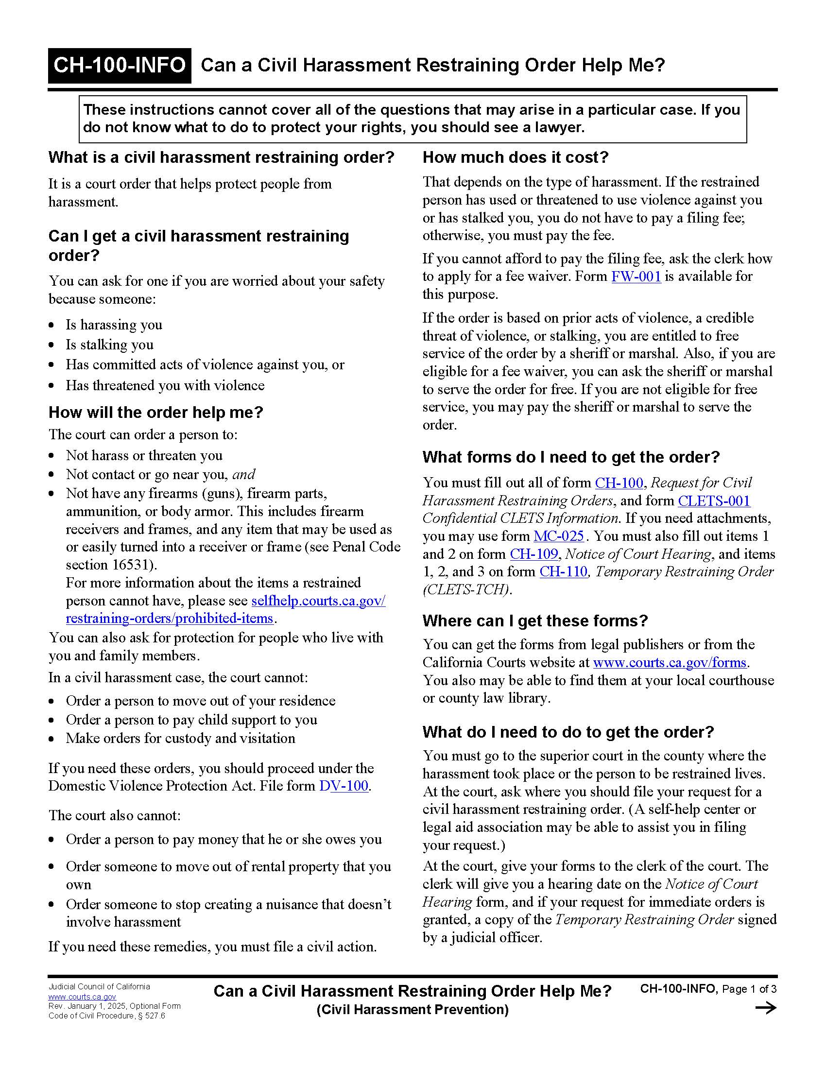 Can A Civil Harassment Restraining Order Help Me {CH-100-INFO} | Pdf Fpdf Doc Docx | California