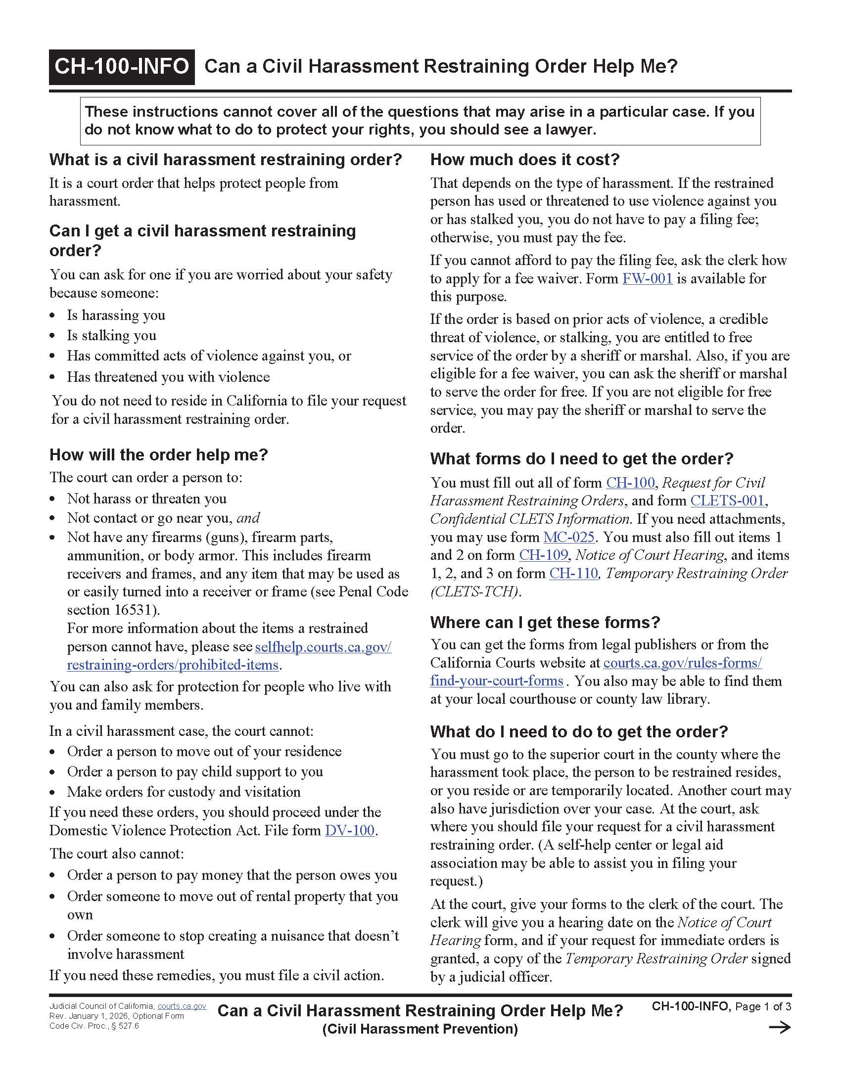 Can A Civil Harassment Restraining Order Help Me {CH-100-INFO} | Pdf Fpdf Doc Docx | California