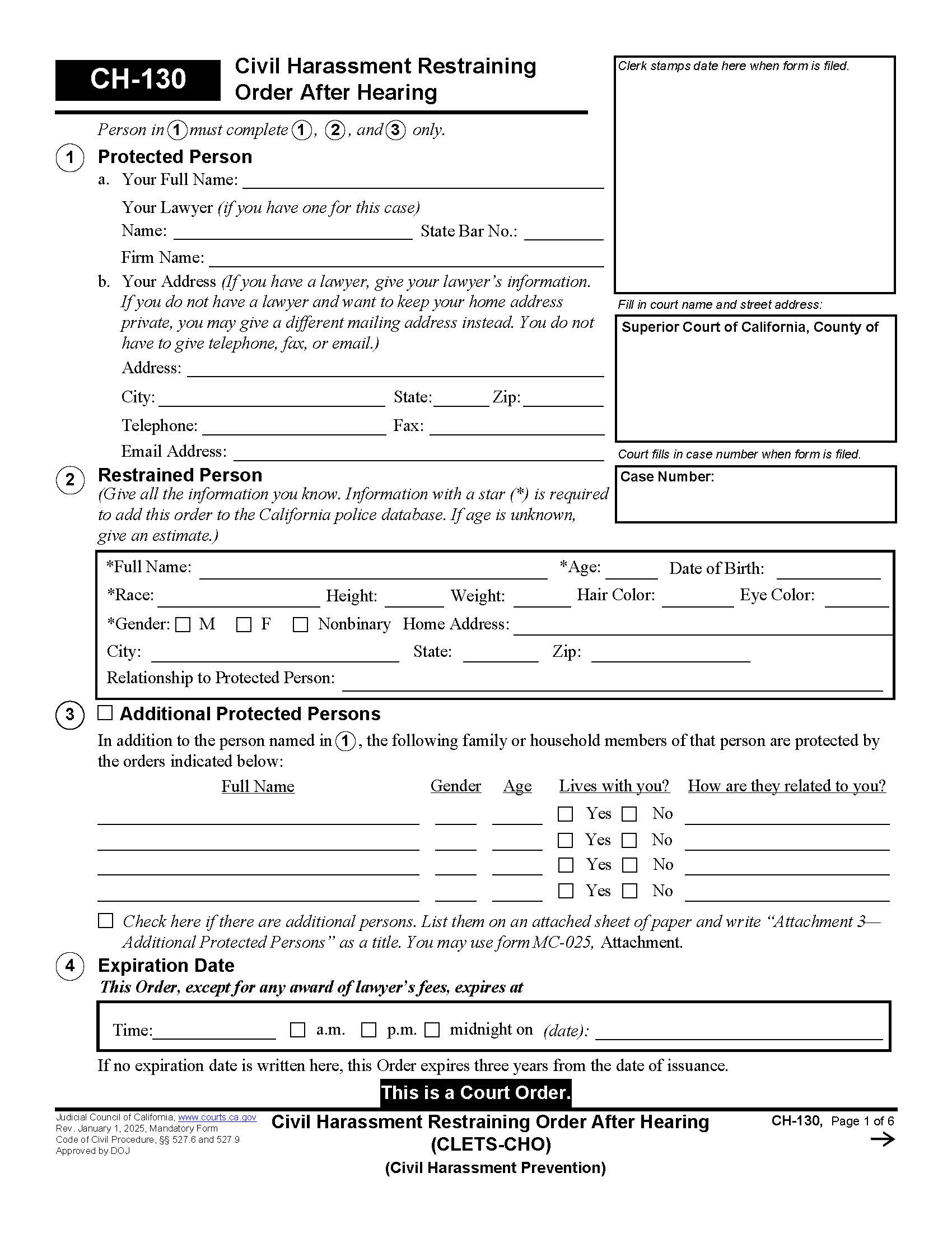Civil Harassment Restraining Order After Hearing (CLETS-CHO) {CH-130} | Pdf Fpdf Doc Docx | California