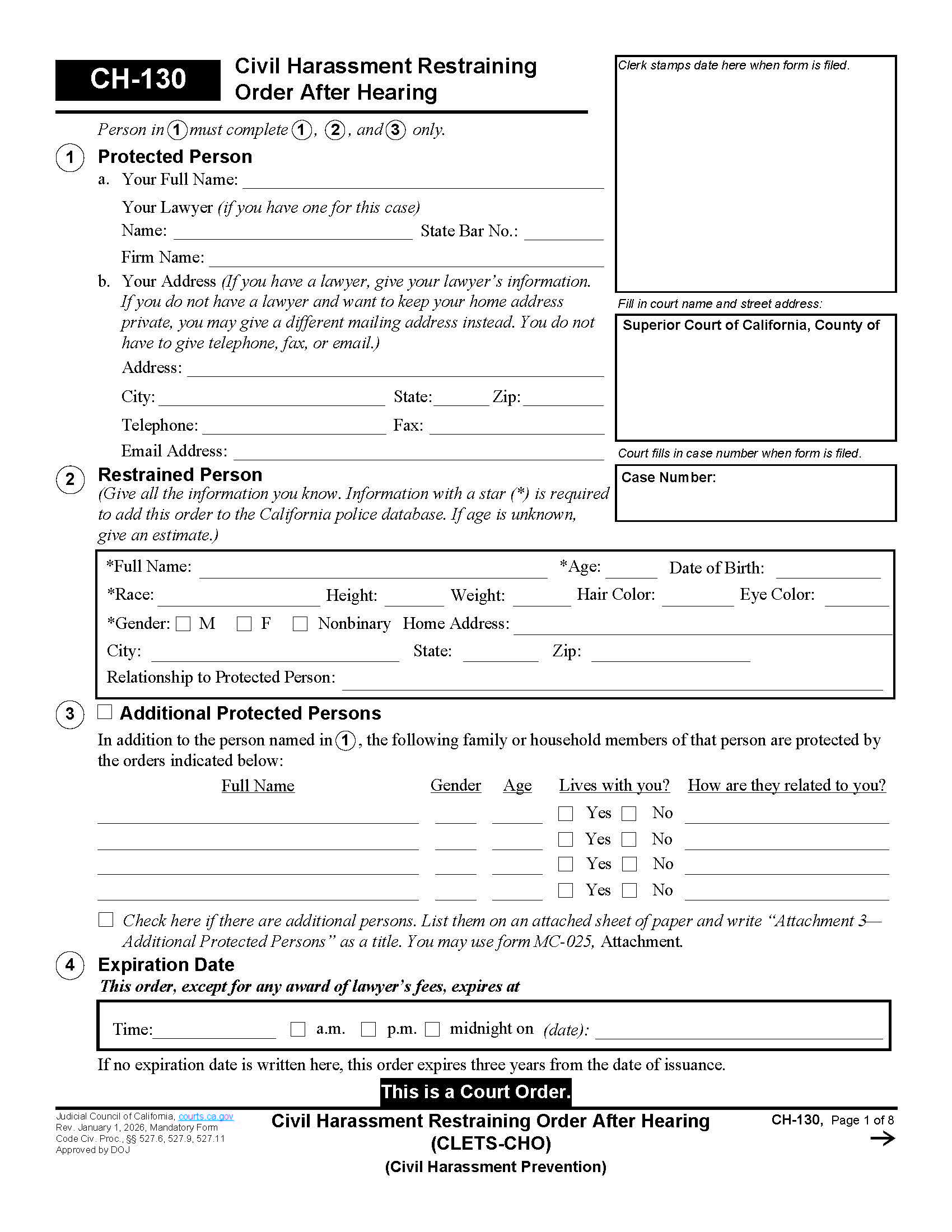 Civil Harassment Restraining Order After Hearing (CLETS-CHO) {CH-130} | Pdf Fpdf Doc Docx | California