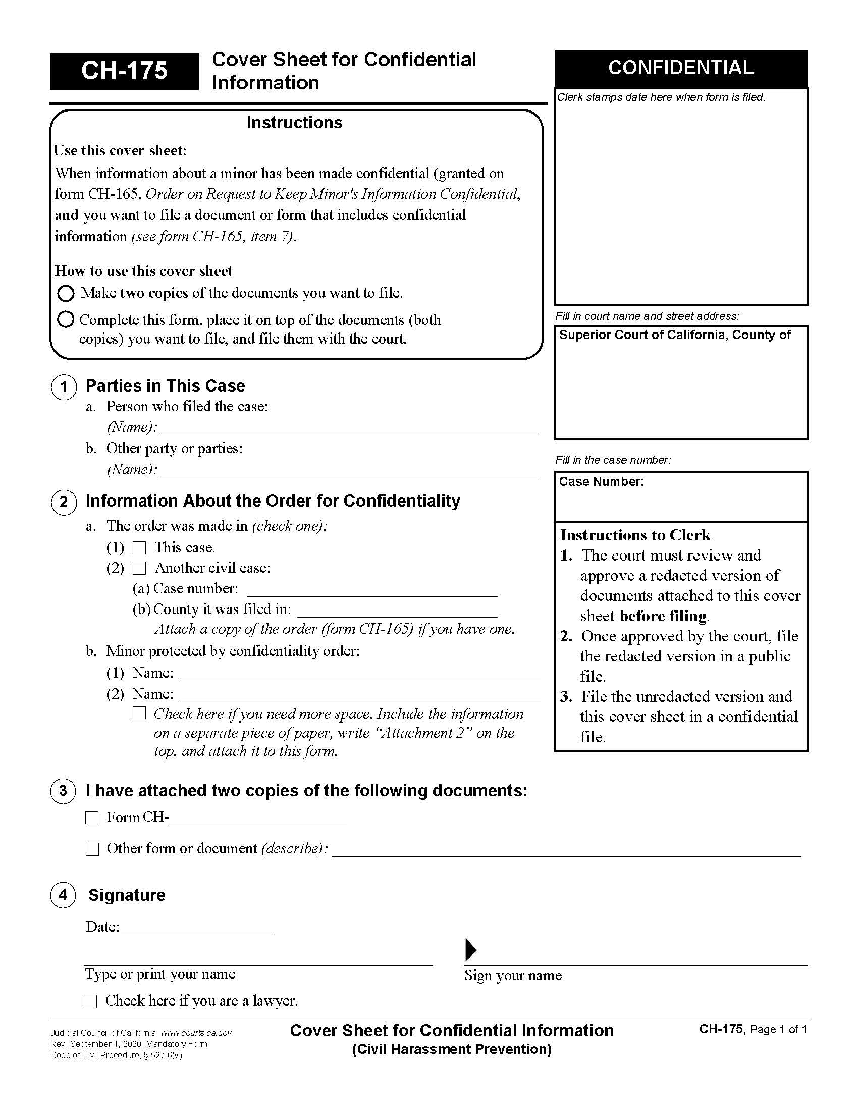 Cover Sheet For Confidential Information (Civil Harassment Prevention) {CH-175} | Pdf Fpdf Docx | California