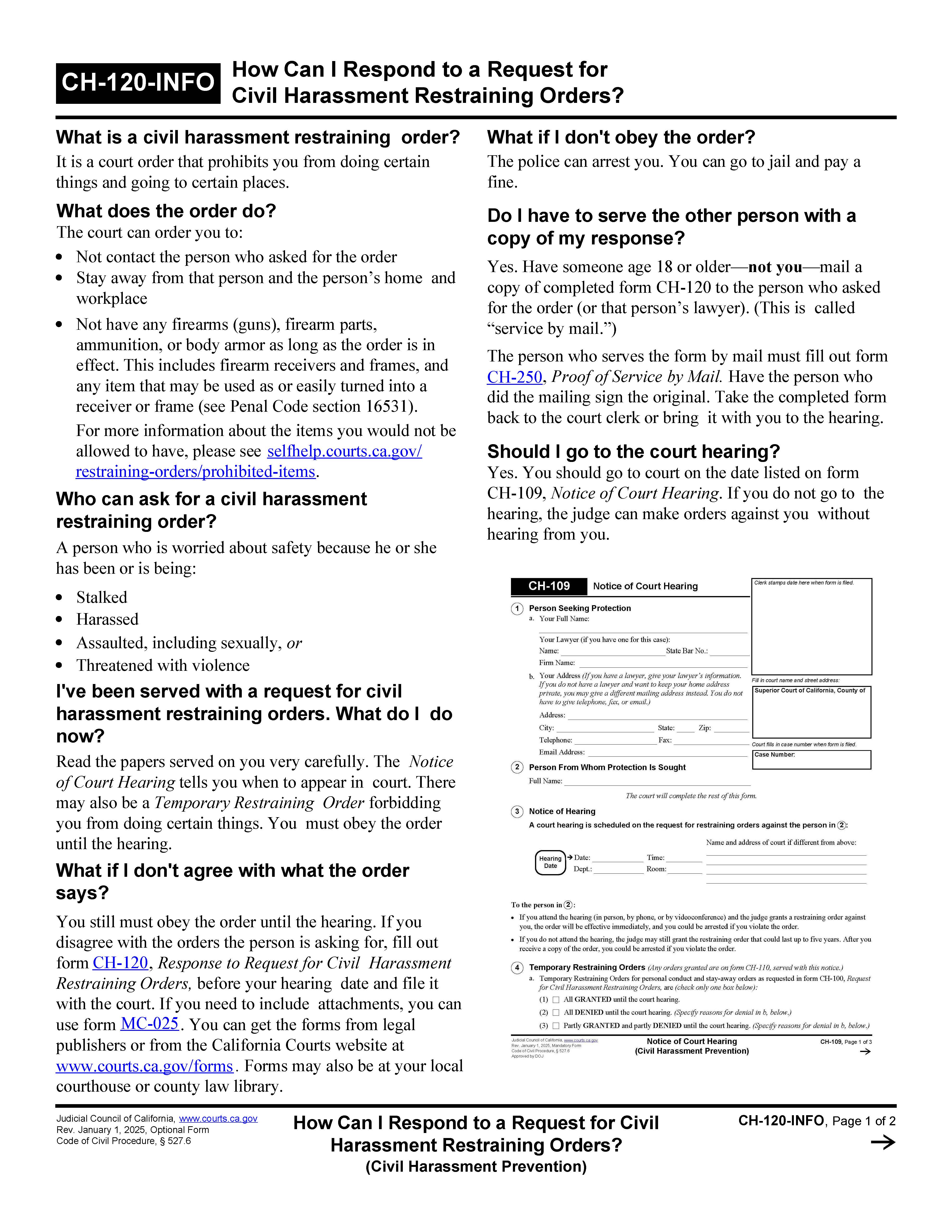How Can I Respond To A Request For Civil Harassment Restraining Orders {CH-120-INFO} | Pdf Fpdf Doc Docx | California