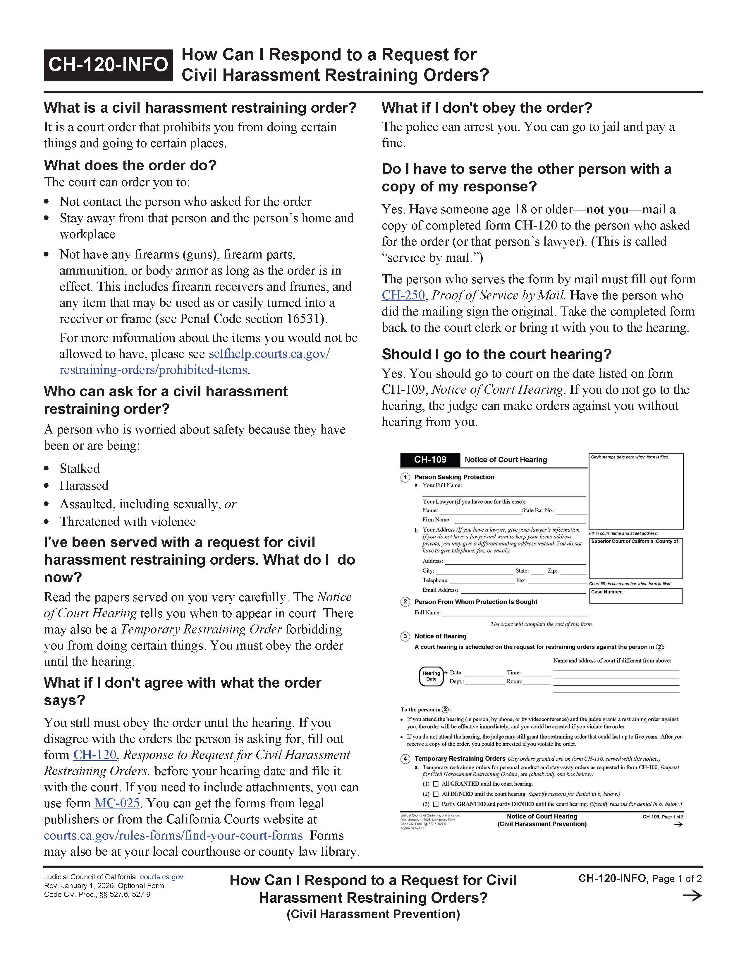 How Can I Respond To A Request For Civil Harassment Restraining Orders {CH-120-INFO} | Pdf Fpdf Doc Docx | California