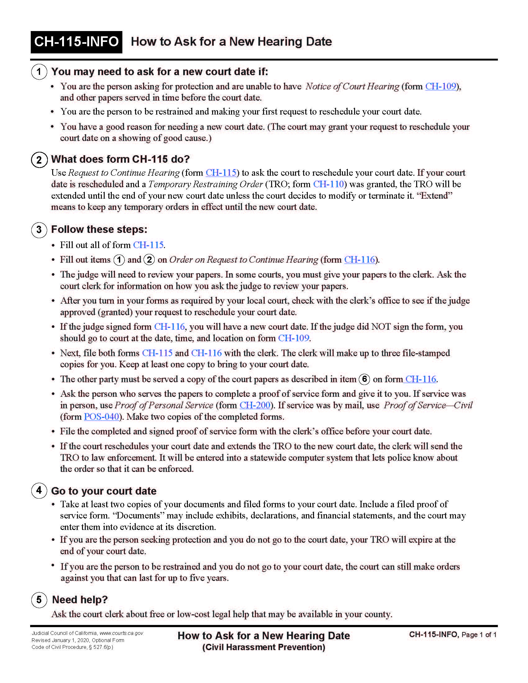 How To Ask For A New Hearing Date {CH-115-INFO} | Pdf Fpdf Doc Docx | California