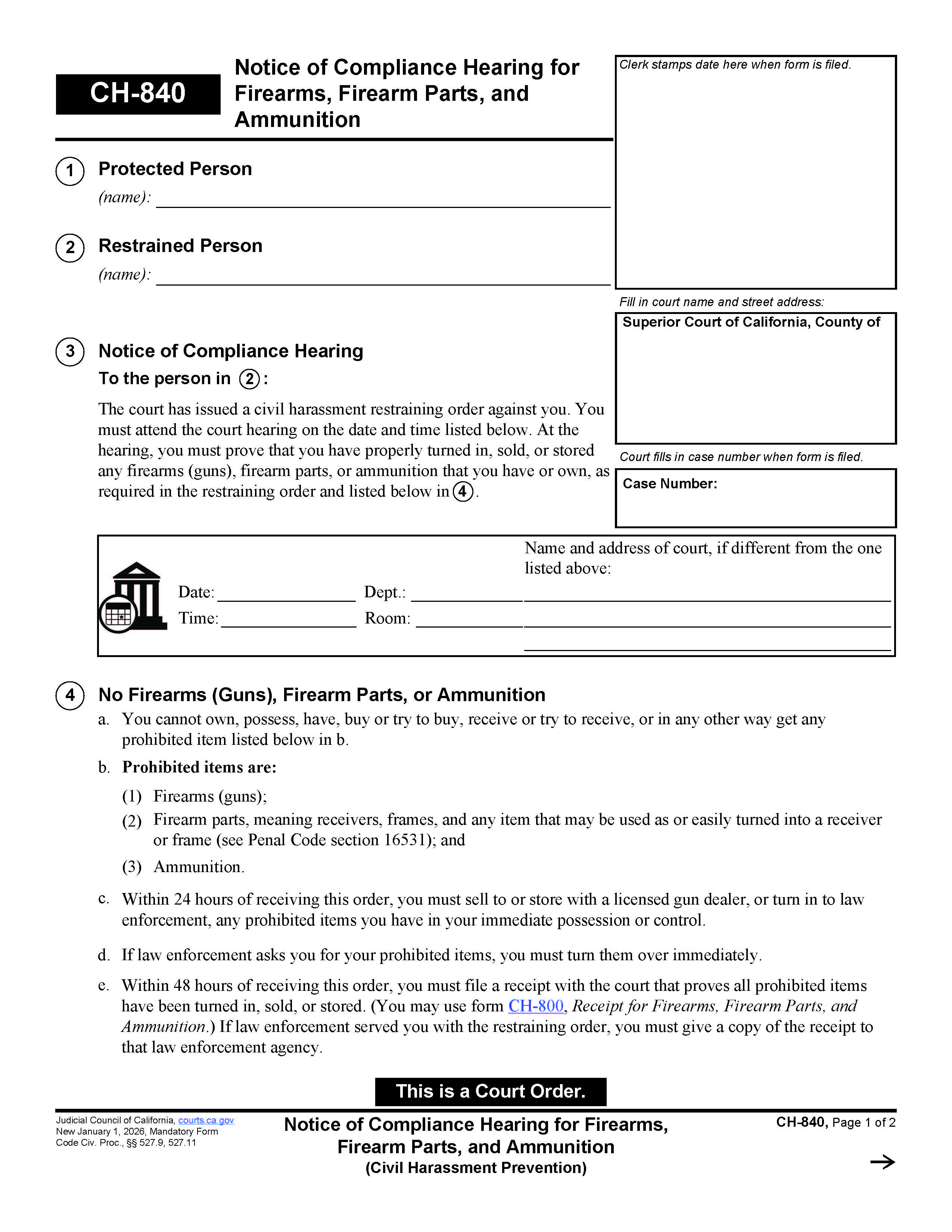 Notice Of Compliance Hearing For Firearms Firearm Parts And Ammunition {CH-840} | Pdf Fpdf Docx | California