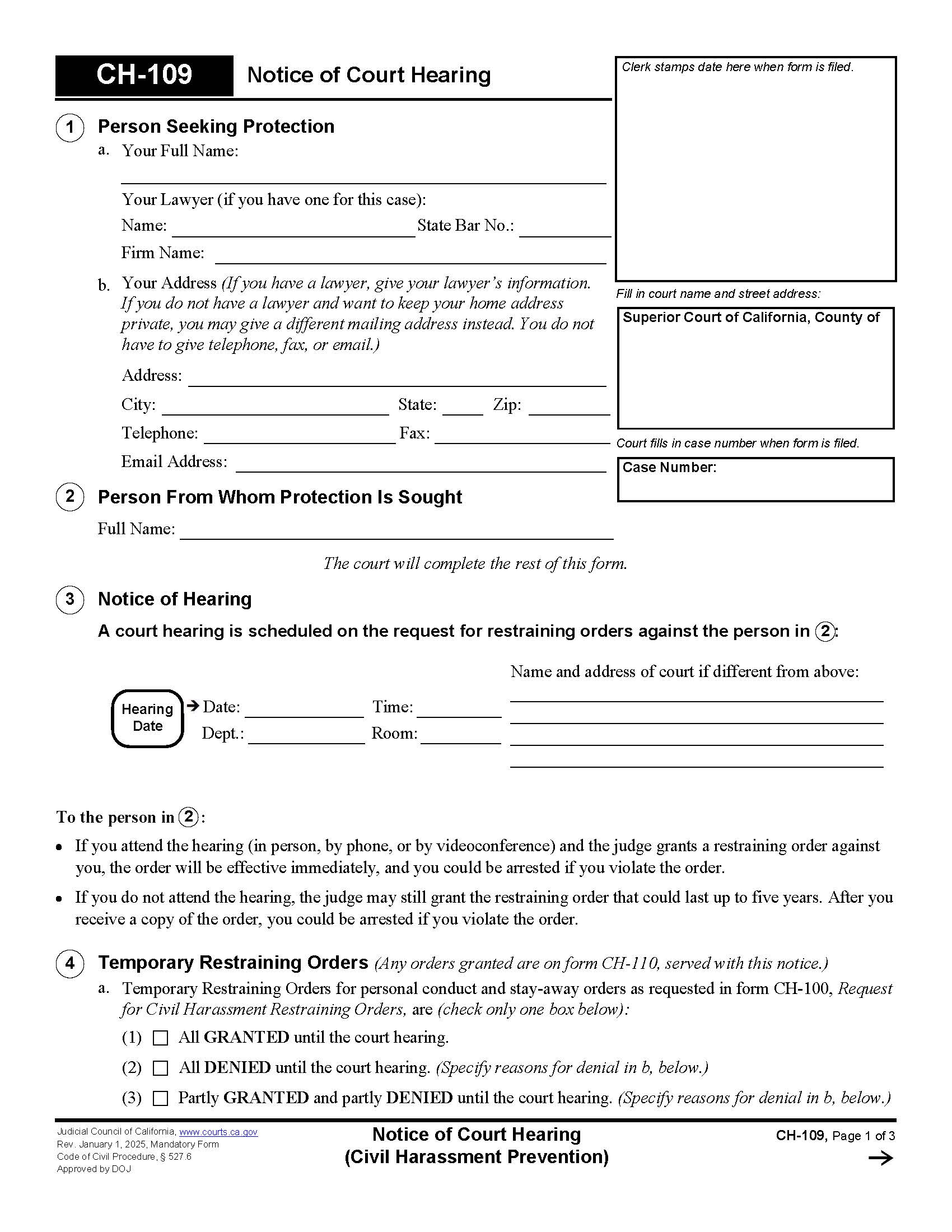 Notice Of Court Hearing {CH-109} | Pdf Fpdf Docx | California