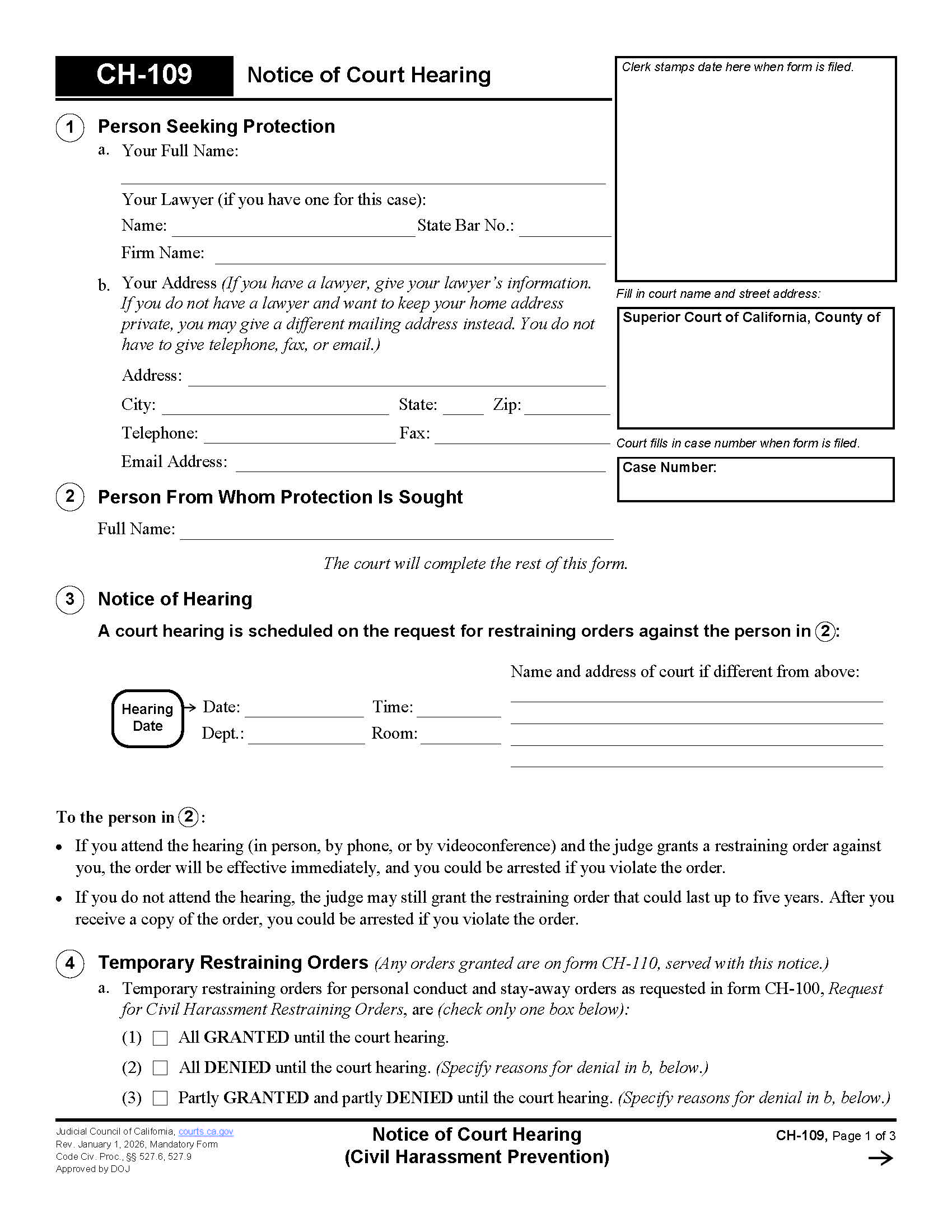 Notice Of Court Hearing {CH-109} | Pdf Fpdf Docx | California