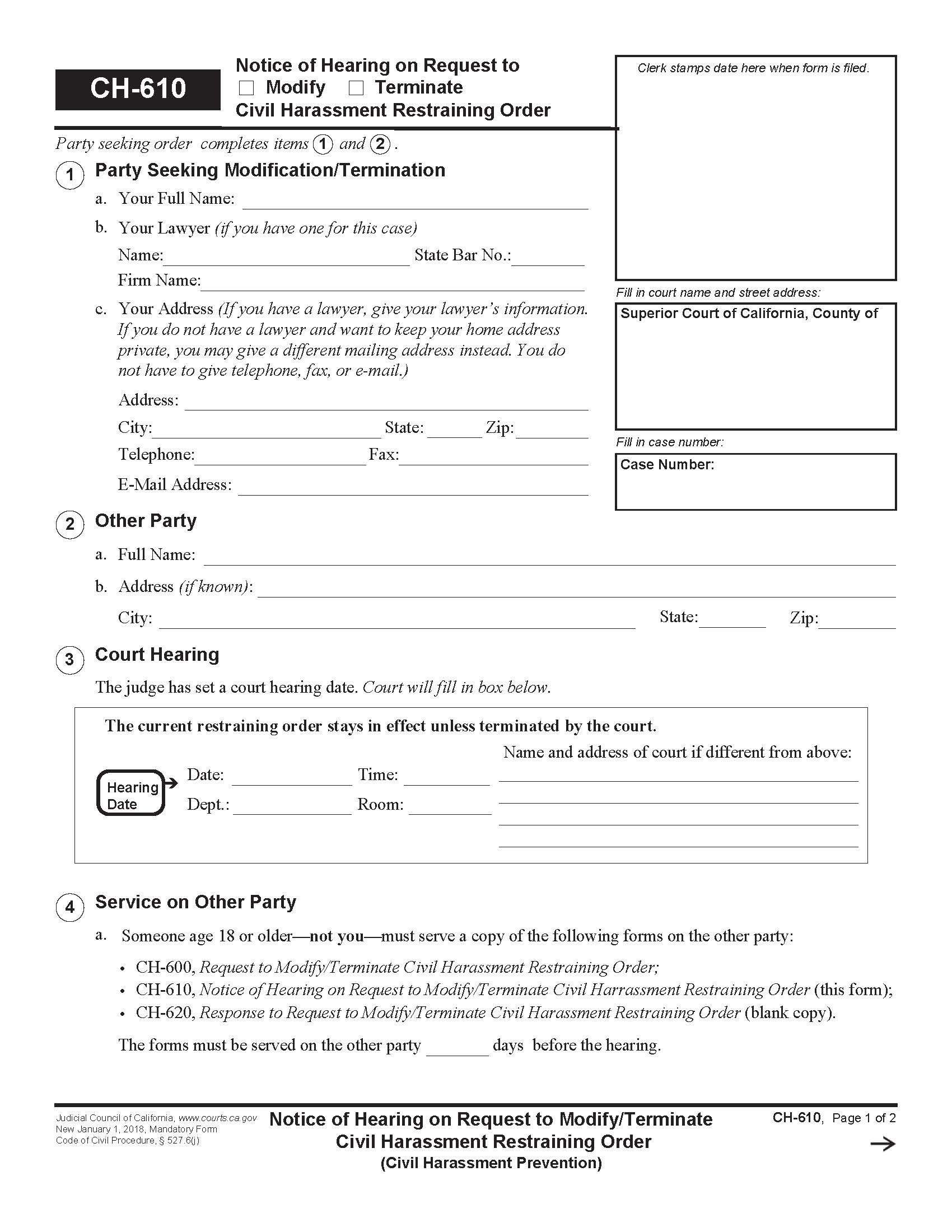 Notice Of Hearing On Request To Modify-Terminate Civil Harassment Restraining Order {CH-610} | Pdf Fpdf Docx | California