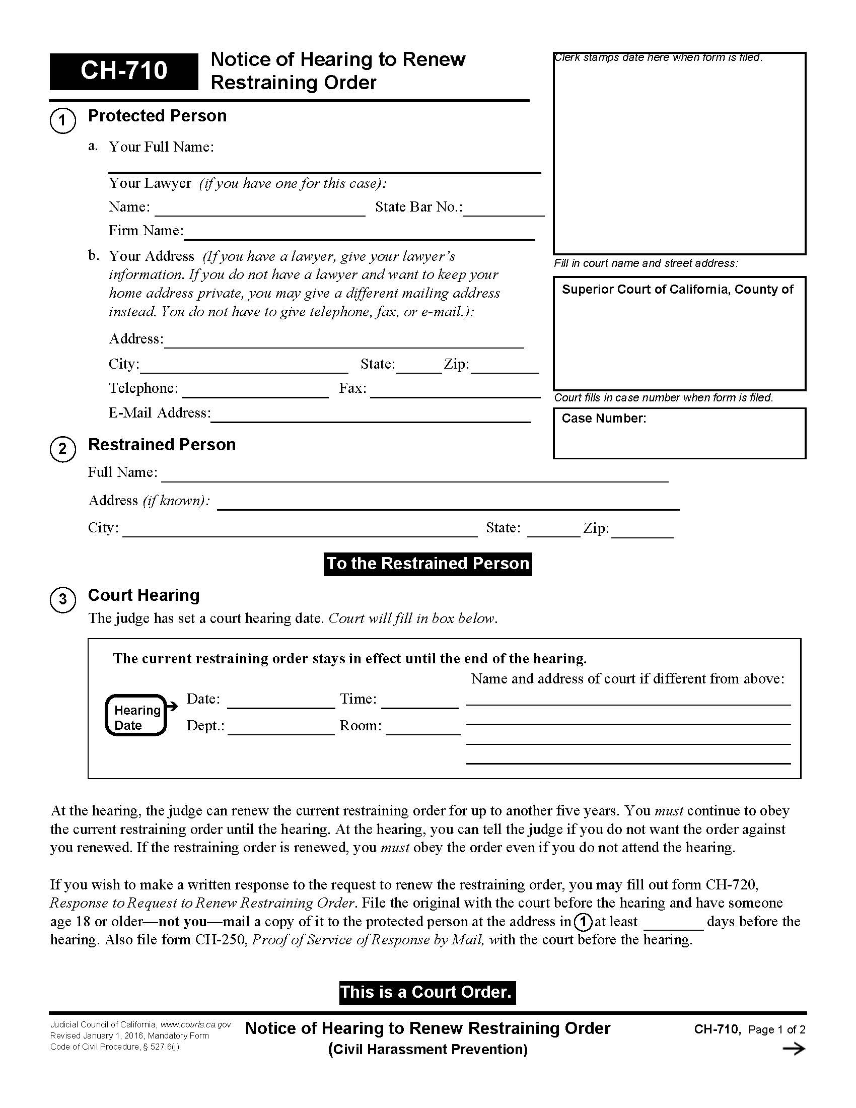 Notice Of Hearing To Renew Restraining Order {CH-710} | Pdf Fpdf Doc Docx | California