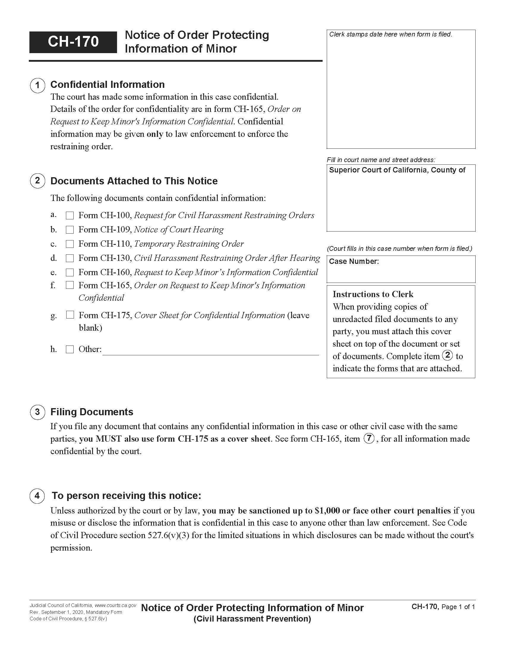 Notice Of Order Protecting Information Of Minor (Civil Harassment Prevention) {CH-170} | Pdf Fpdf Docx | California