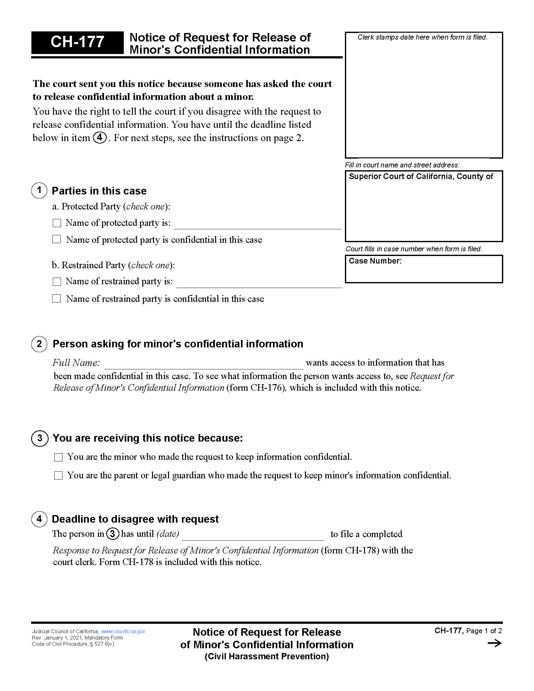 Notice Of Request For Release Of Minors Confidential Information {CH-177} | Pdf Fpdf Docx | California