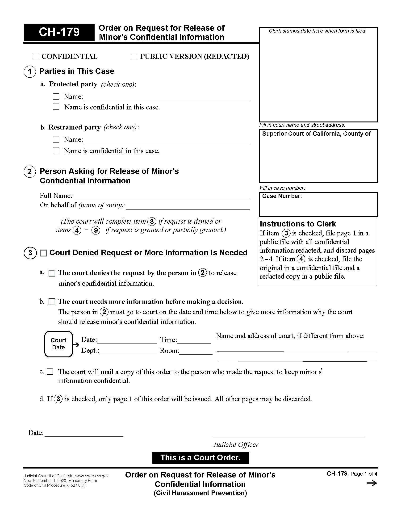 Order On Request For Release Of Minors Confidential Information {CH-179} | Pdf Fpdf Docx | California