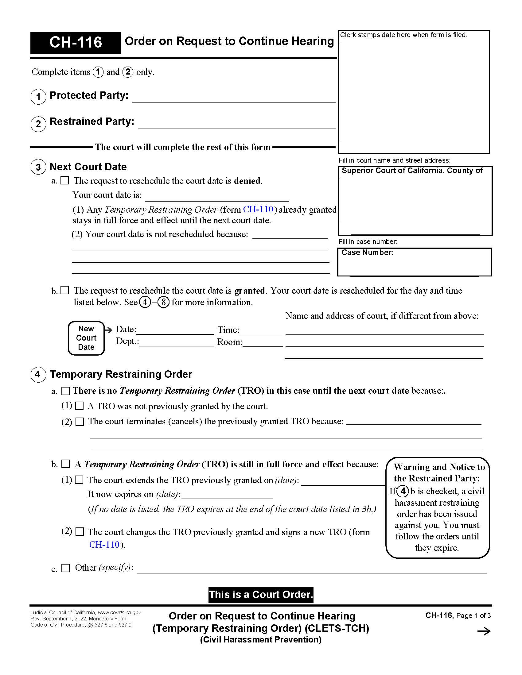 Order On Request To Continue Hearing {CH-116} | Pdf Fpdf Doc Docx | California