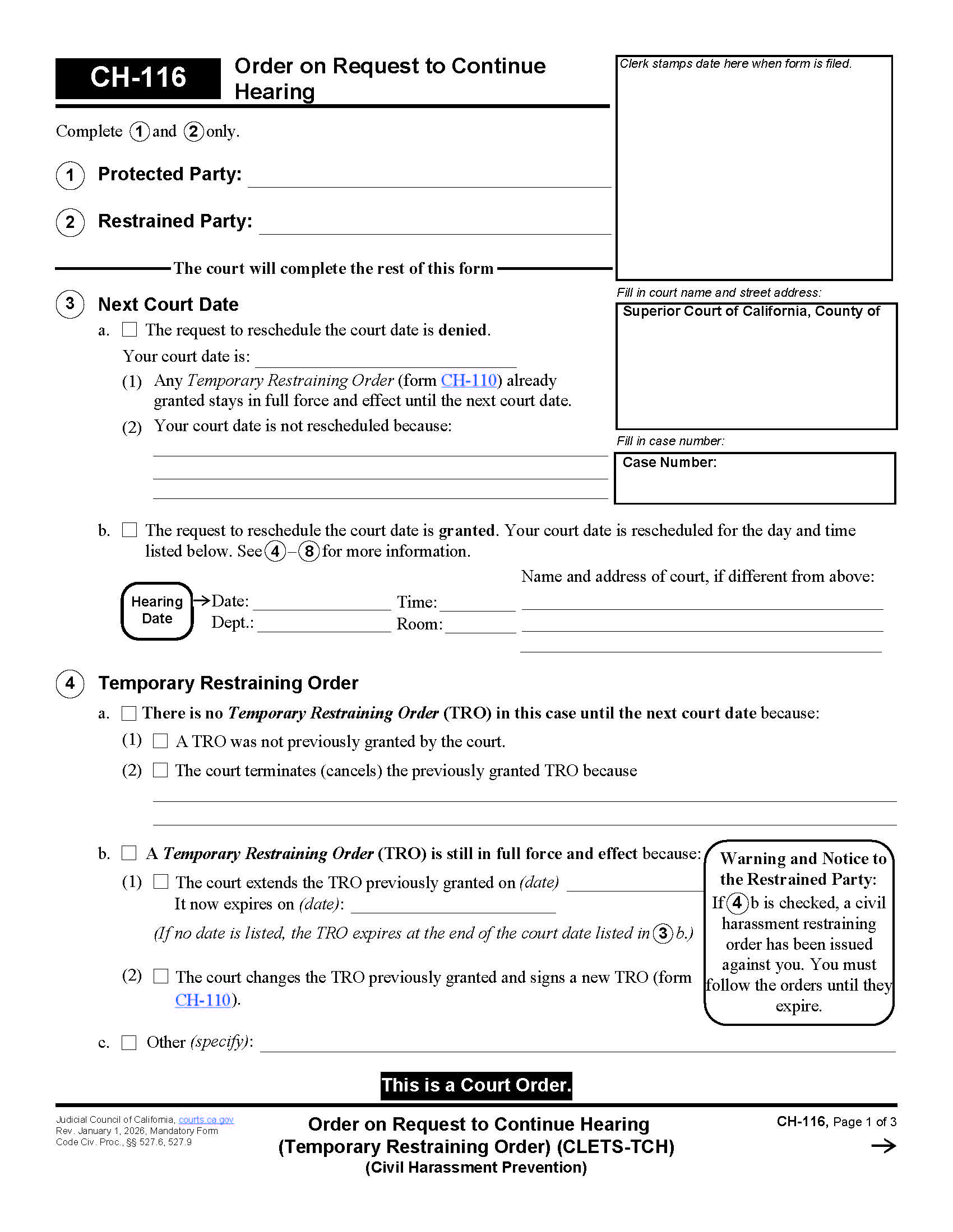 Order On Request To Continue Hearing {CH-116} | Pdf Fpdf Doc Docx | California