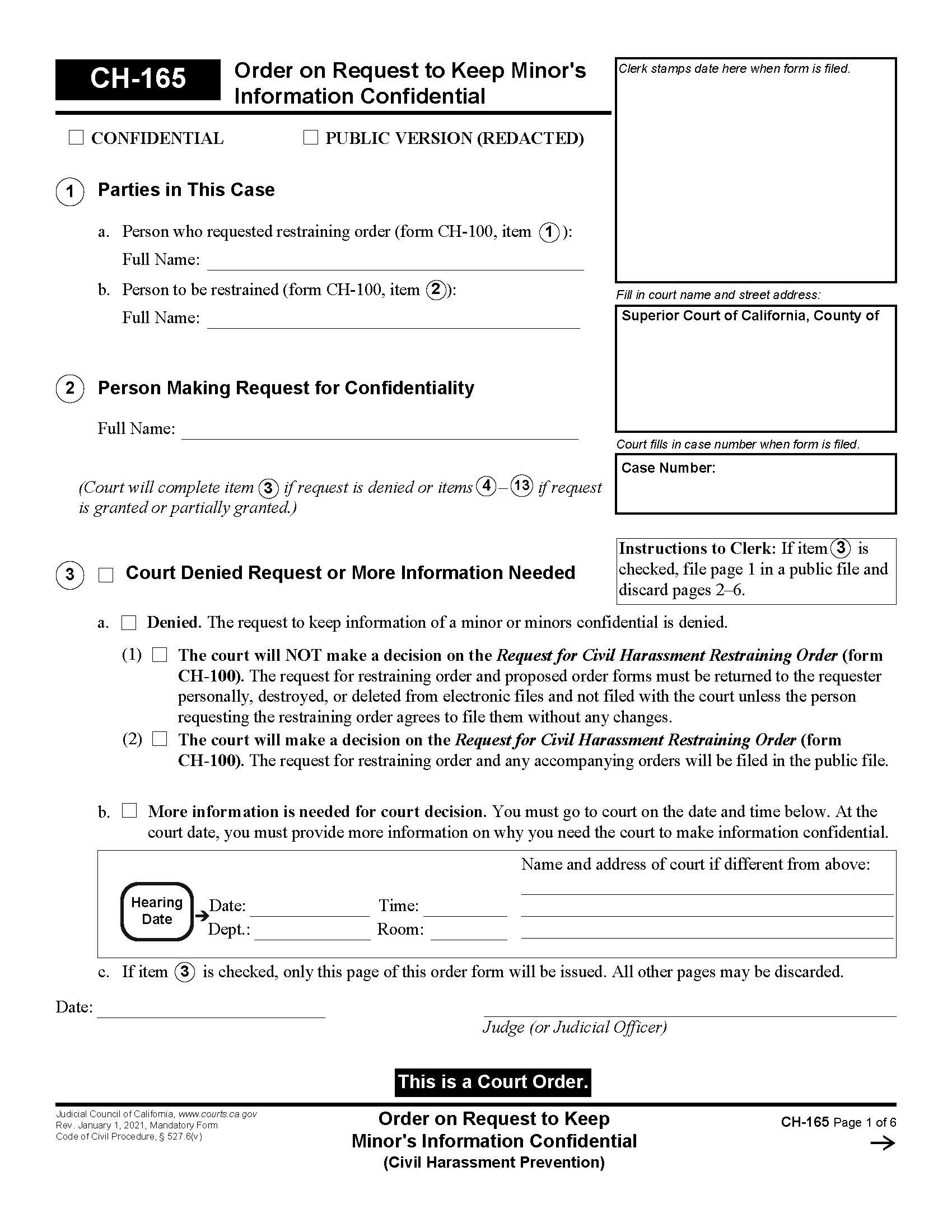 Order On Request To Keep Minors Information Confidential {CH-165} | Pdf Fpdf Doc Docx | California
