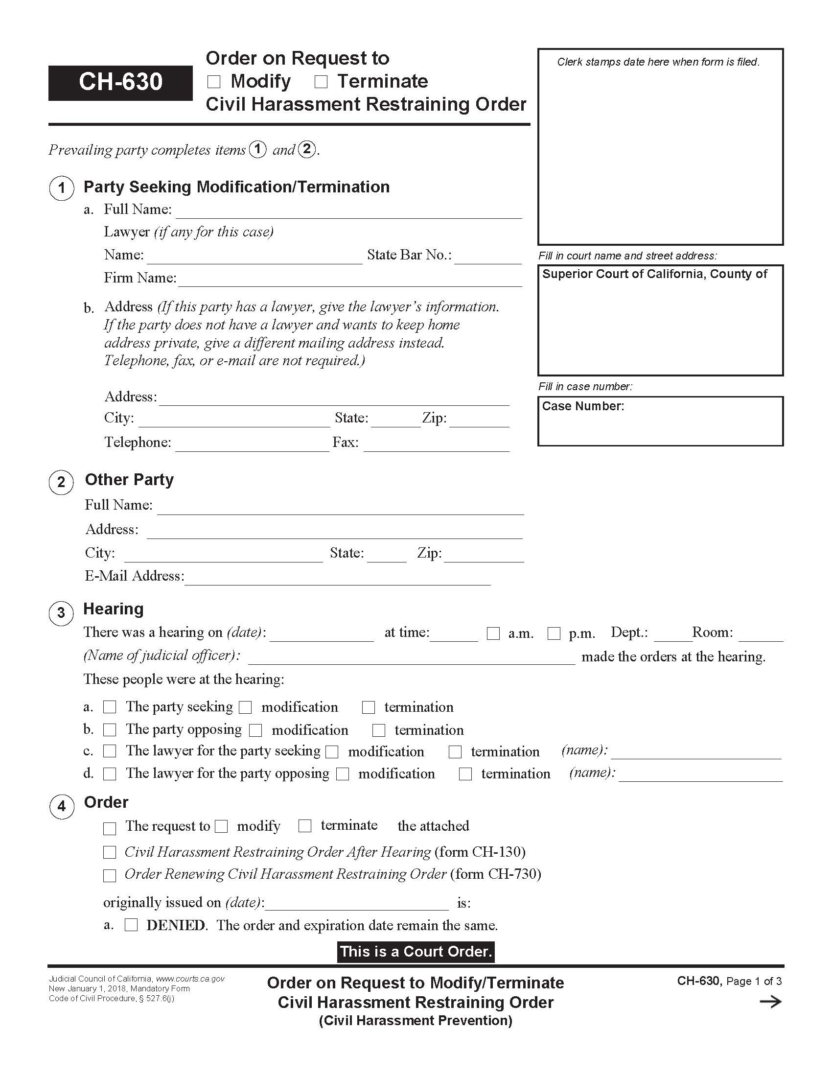 Order On Request To Modify-Terminate Civil Harassment Restraining Order {CH-630} | Pdf Fpdf Docx | California
