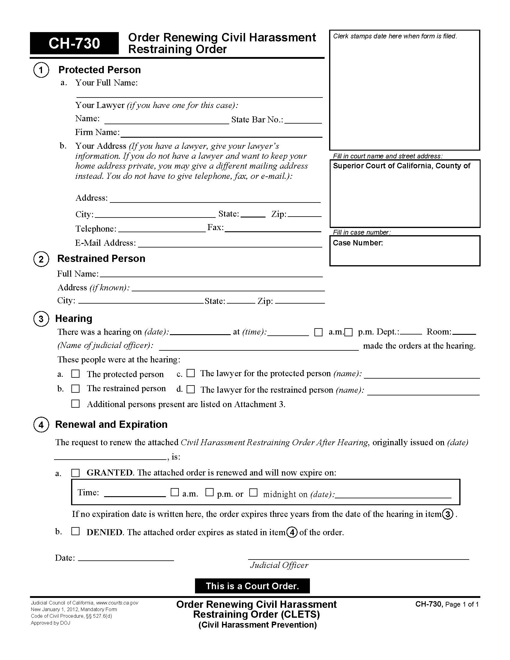 Order Renewing Civil Harassment Restraining Order (CLETS) {CH-730} | Pdf Fpdf Doc Docx | California