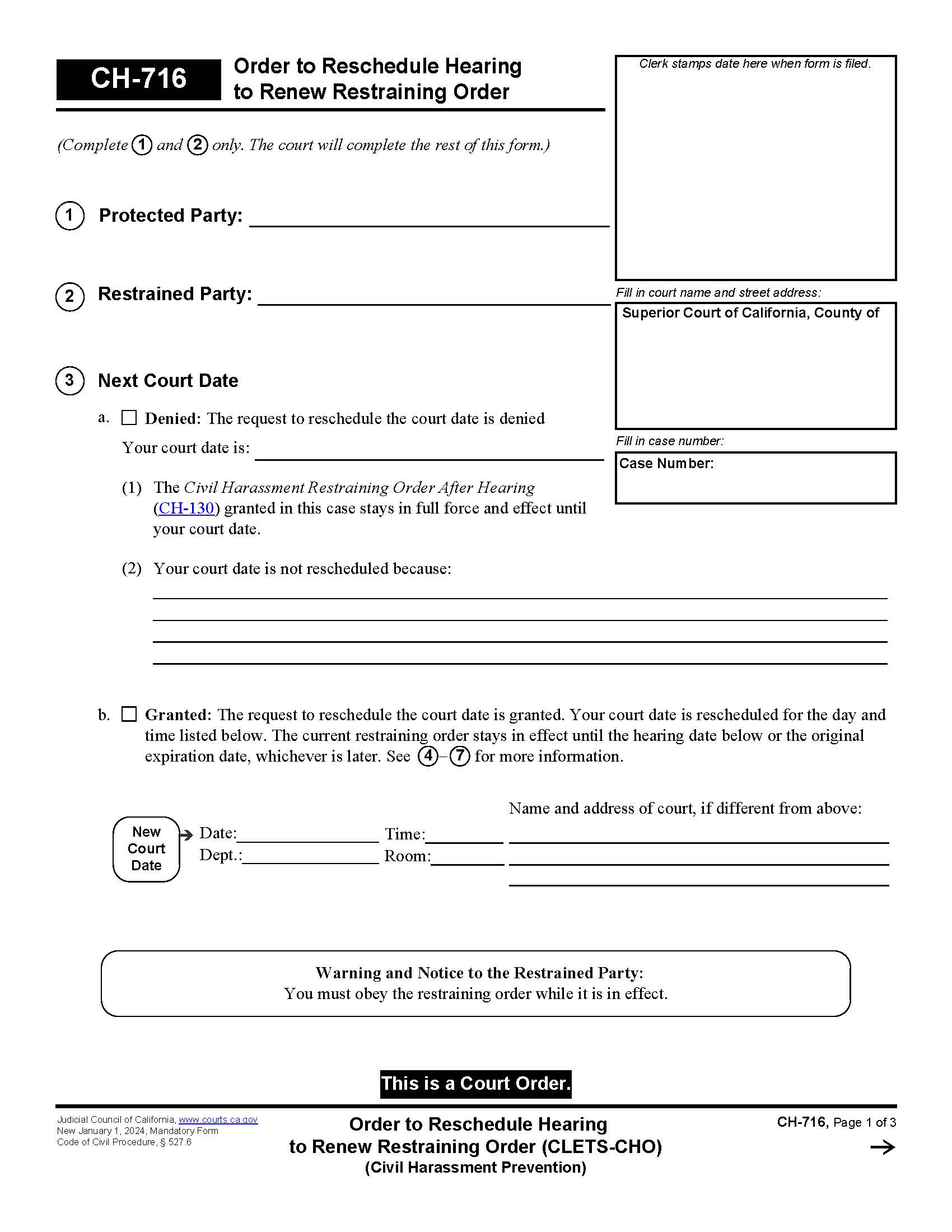 Order To Reschedule Hearing To Renew Restraining Order {CH-716} | Pdf Fpdf Docx | California