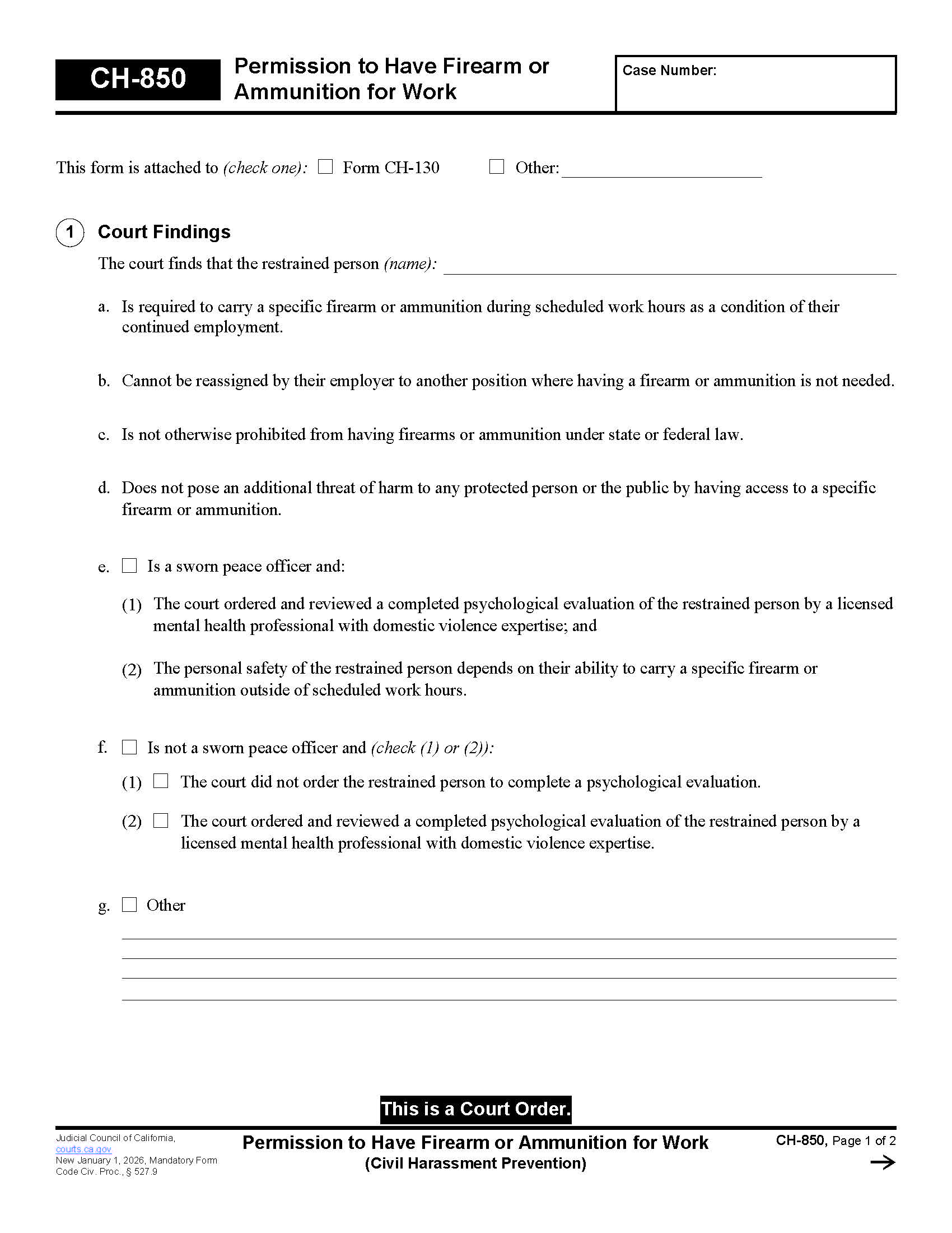 Permission To Have Firearm Or Ammunition For Work {CH-850} | Pdf Fpdf Docx | California