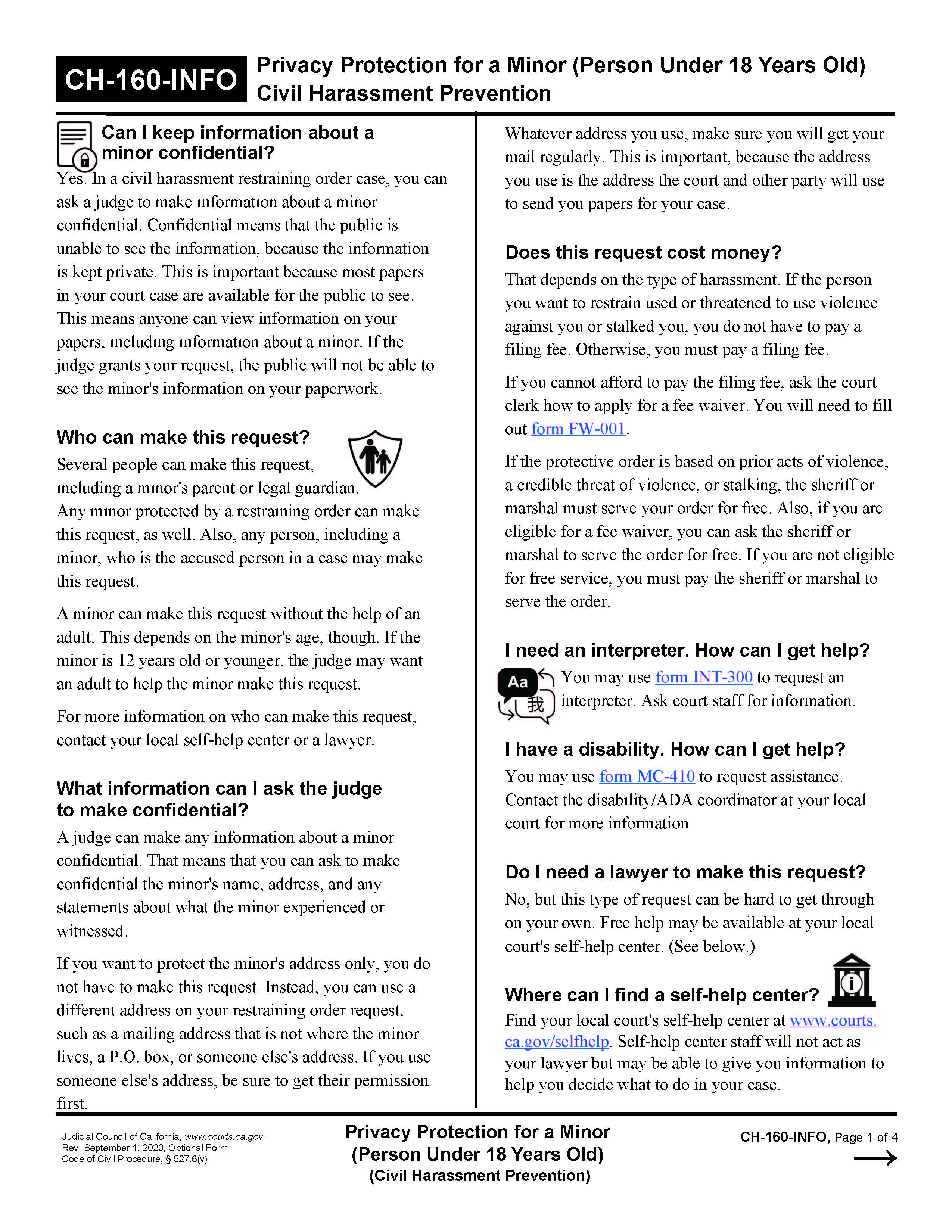 Privacy Protection For A Minor (Person Under 18 Years Old) {CH-160-INFO} | Pdf Fpdf Docx | California