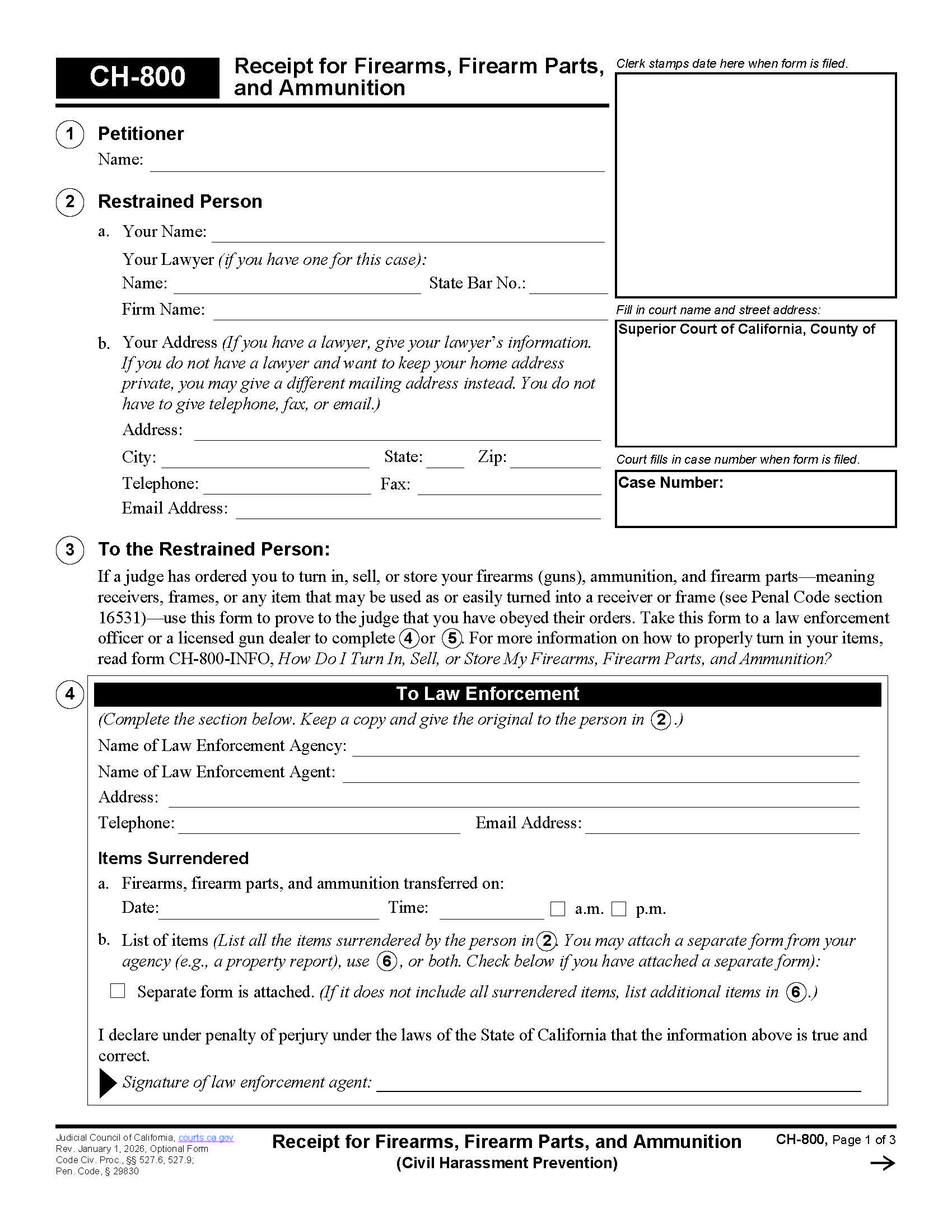 Receipt For Firearms And Firearms Parts (Civil Harassment Prevention) {CH-800} | Pdf Fpdf Doc Docx | California