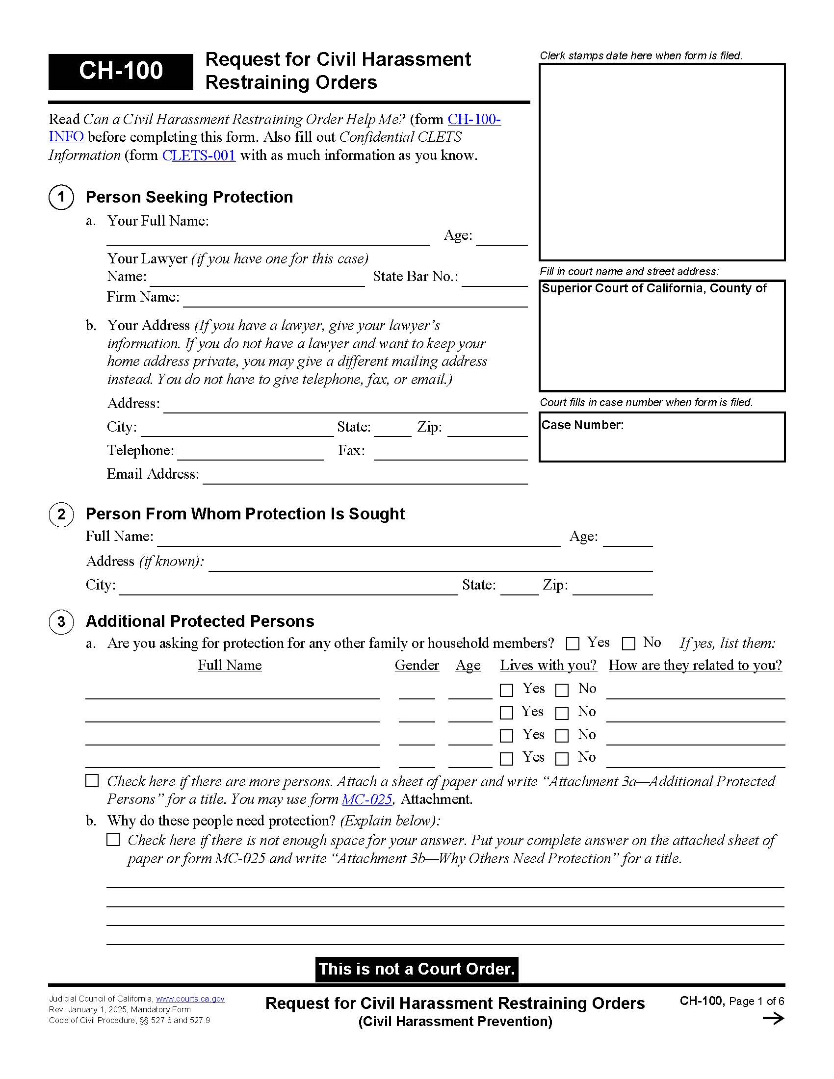 Request For Civil Harassment Restraining Orders {CH-100} | Pdf Fpdf Docx | California